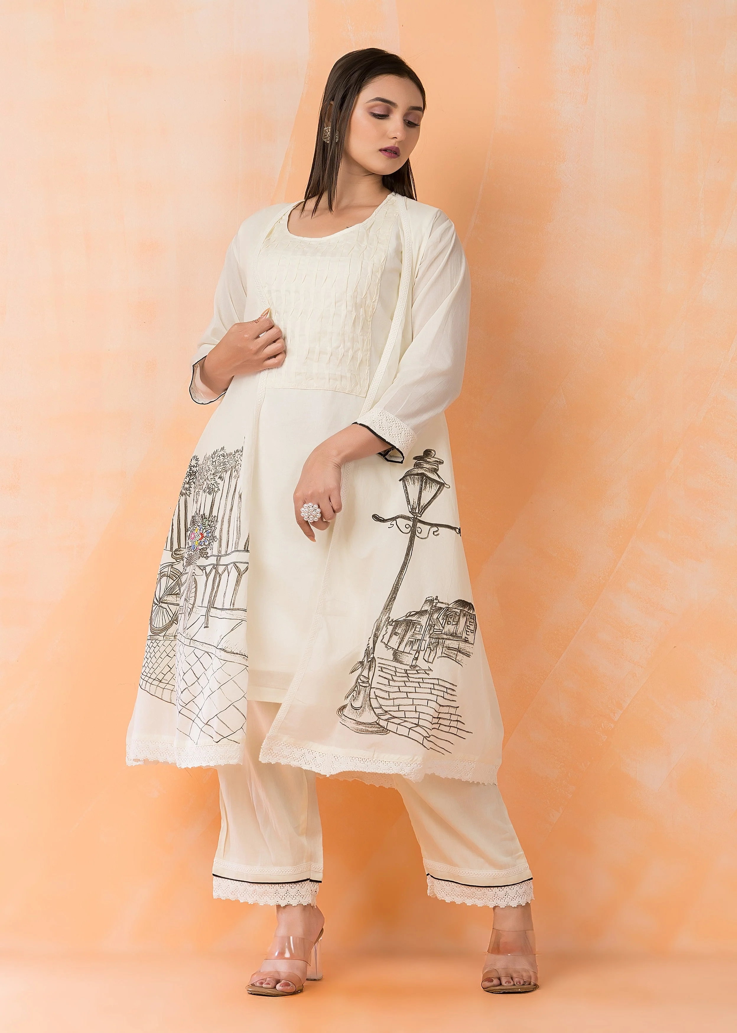 White Printed Mul Chanderi Pant Set - Image 3