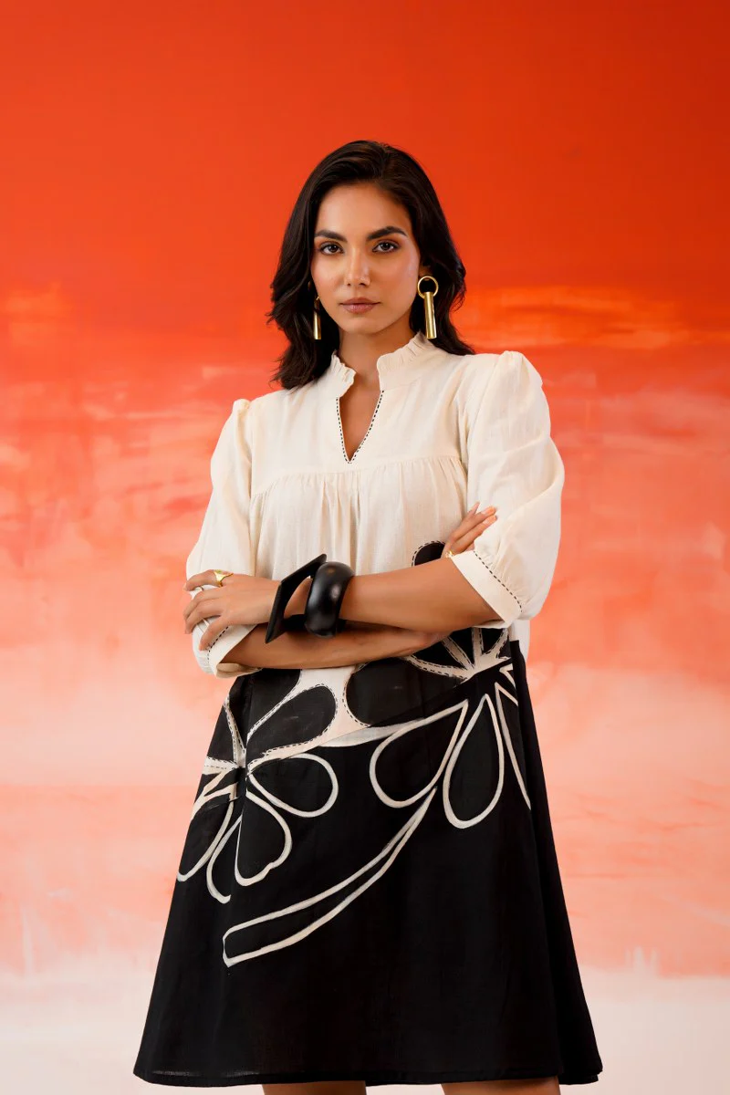 Mist White Hand-Painted Cotton Flared Dress - Image 3