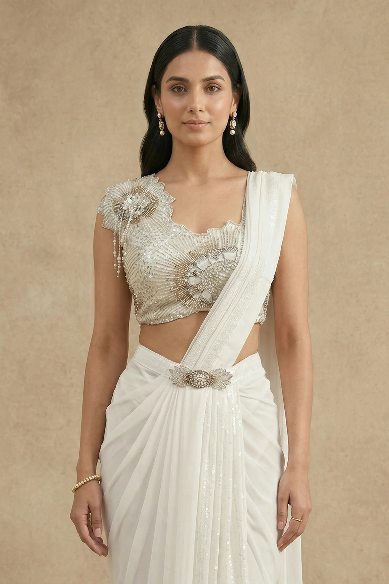 Pearl Embellished Spandex Lycra Silk Draped Saree - Image 2