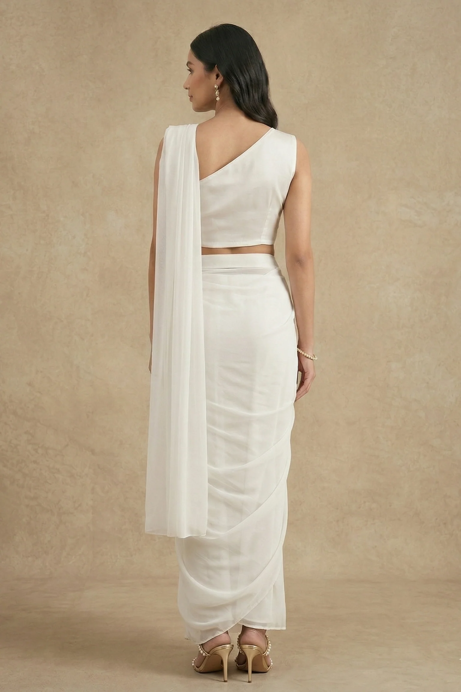 Pearl Embellished Spandex Lycra Silk Draped Saree - Image 3