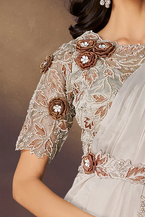 White Smoke Embellished Satin Silk Saree - Image 3