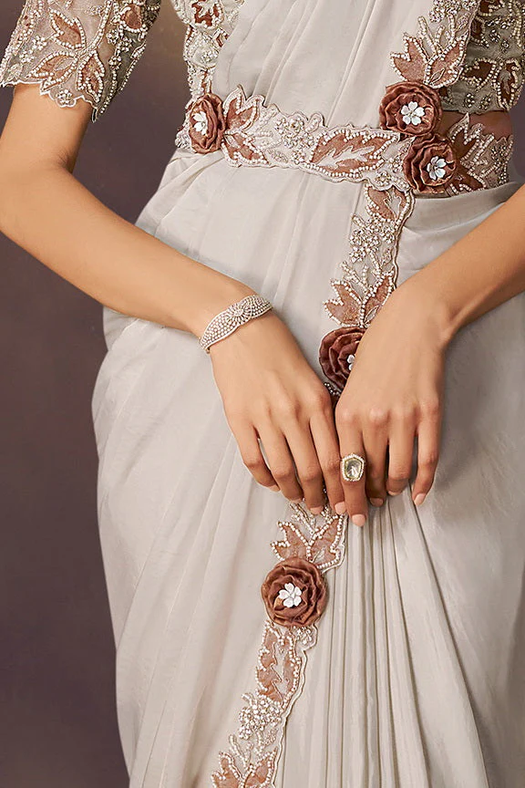 White Smoke Embellished Satin Silk Saree - Image 4