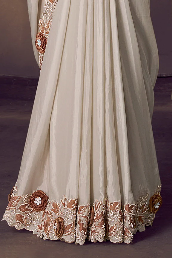 White Smoke Embellished Satin Silk Saree - Image 5
