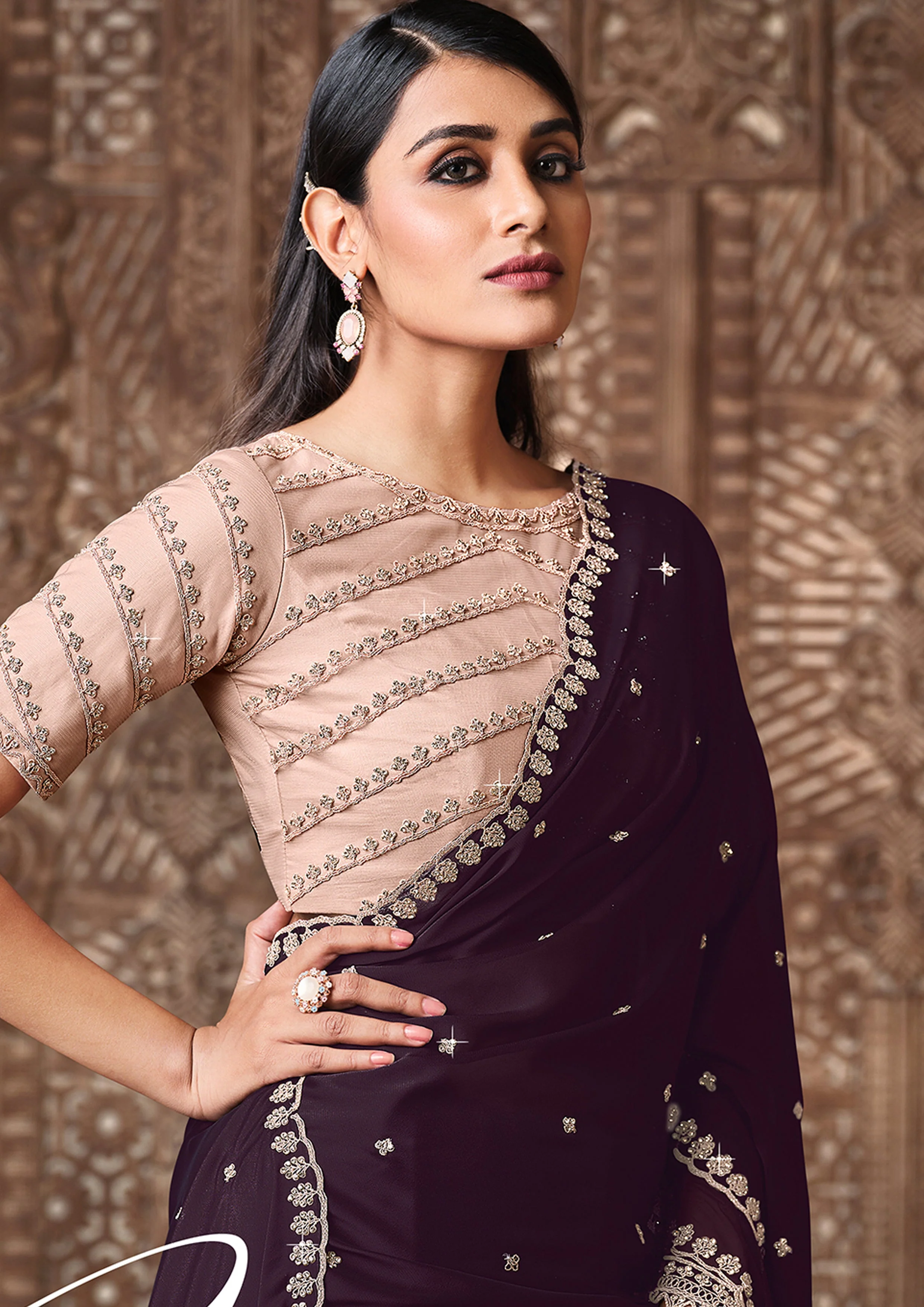Wine Embellished Georgette Silk Saree - Image 2