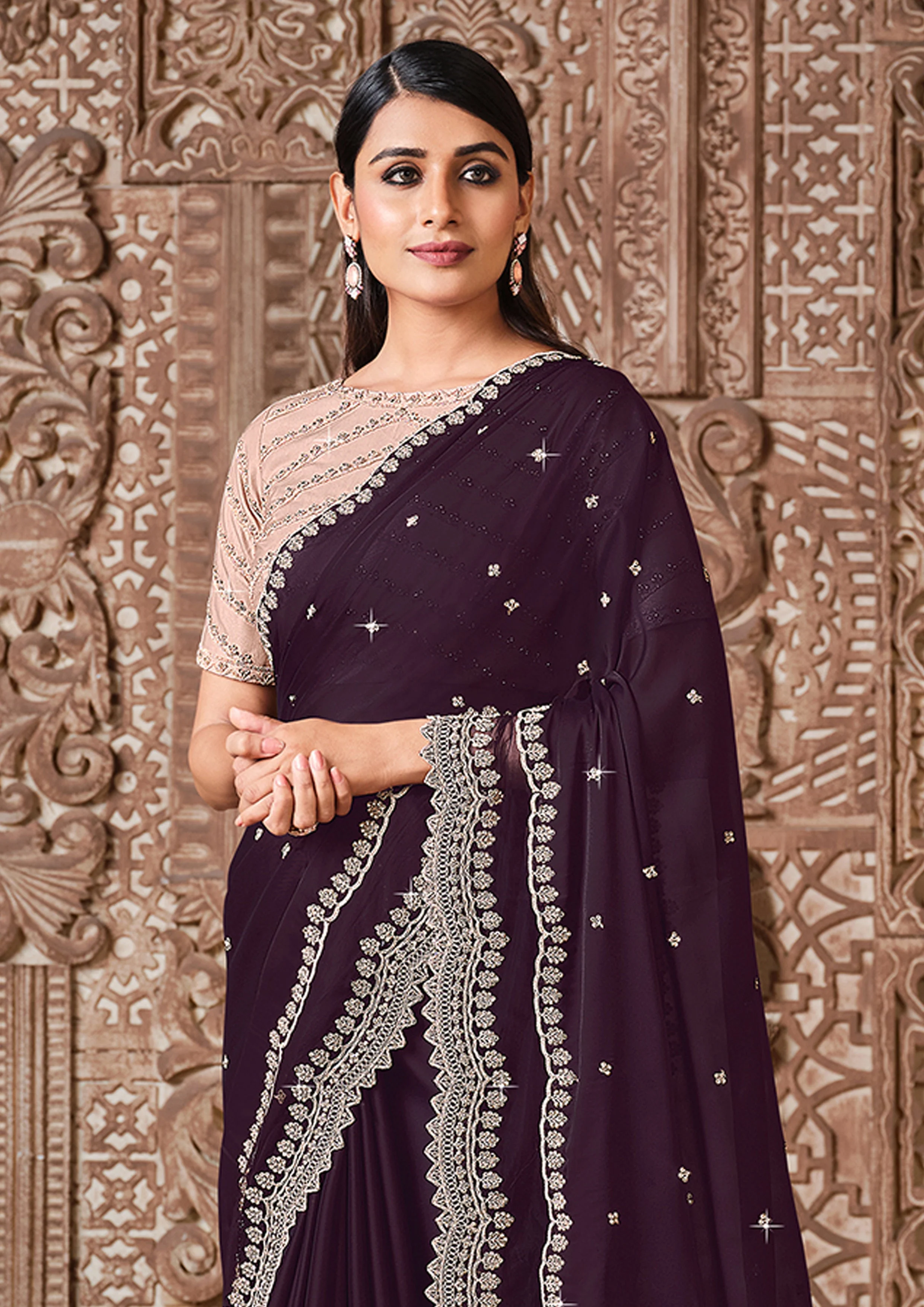 Wine Embellished Georgette Silk Saree - Image 3