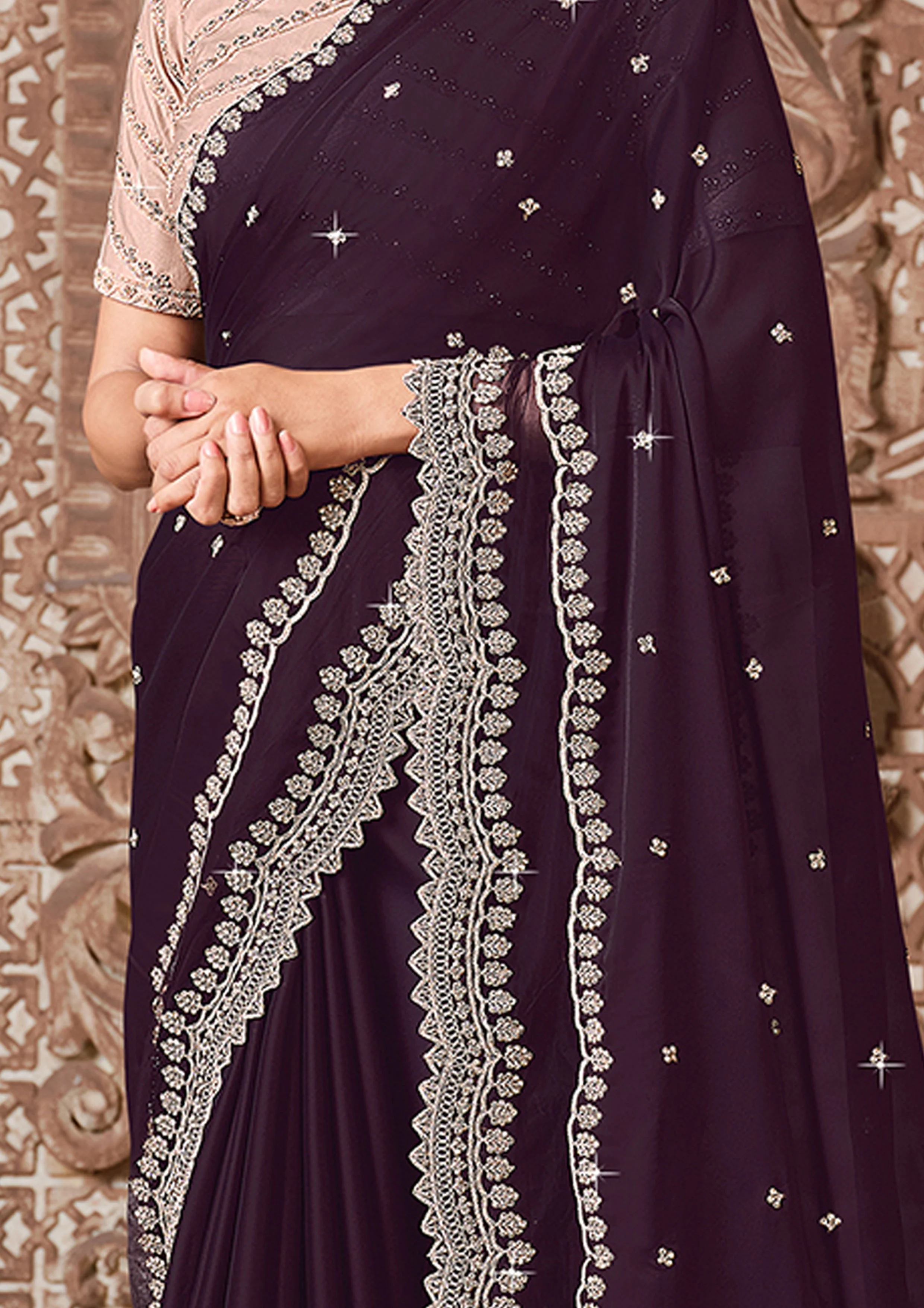 Wine Embellished Georgette Silk Saree - Image 4