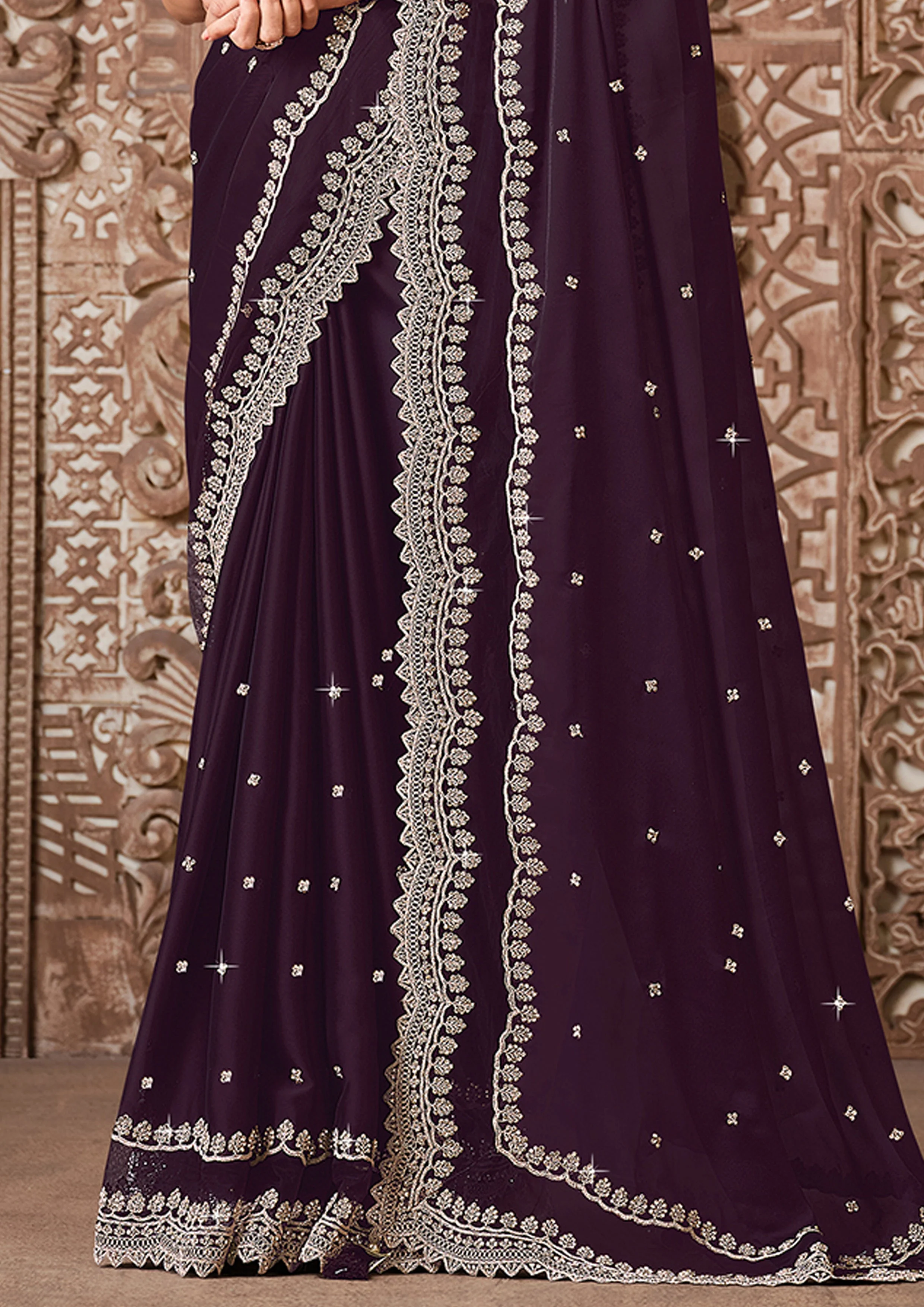 Wine Embellished Georgette Silk Saree - Image 5
