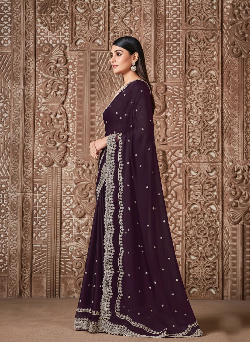 Wine Embellished Georgette Silk Saree - Image 6