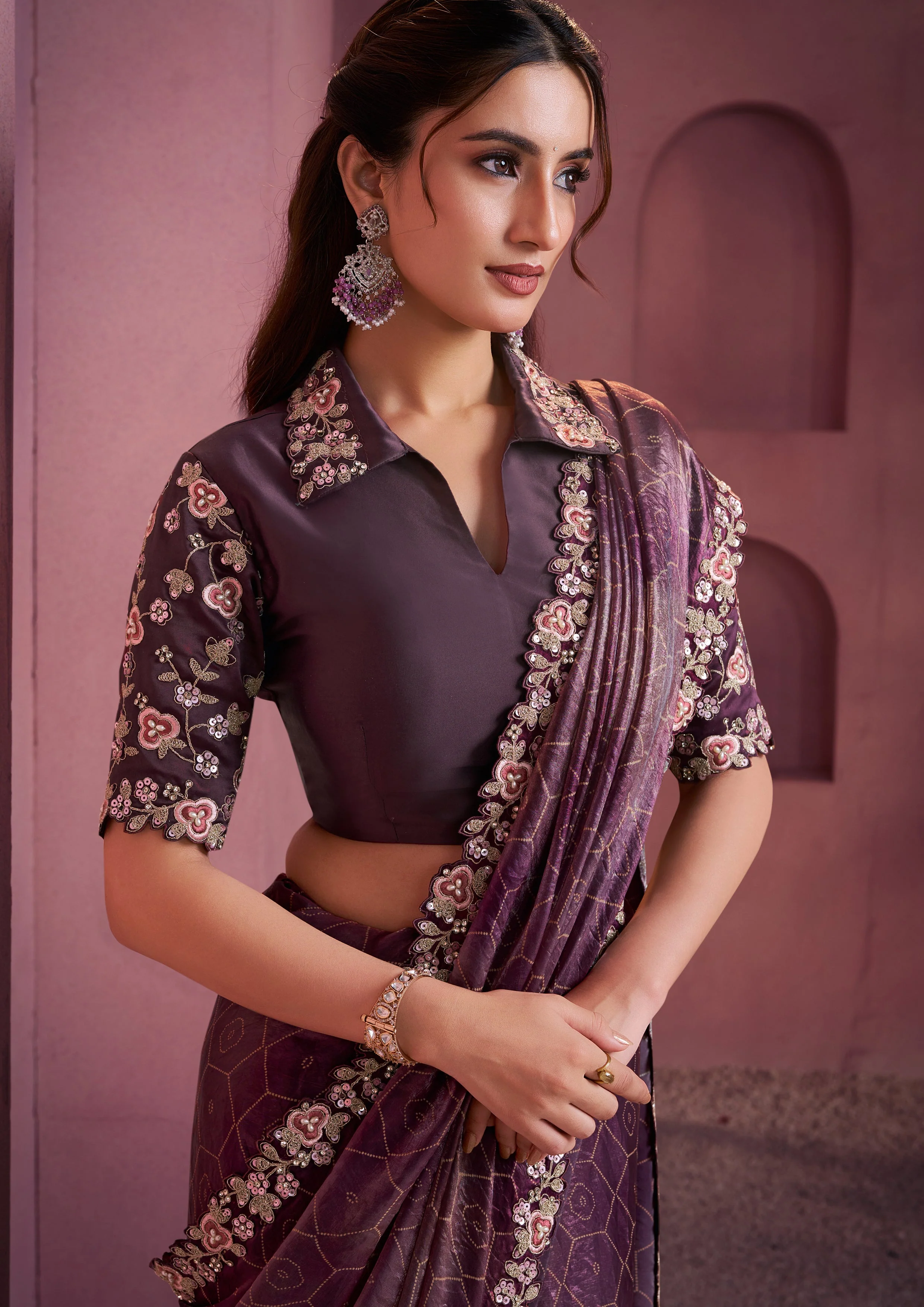 Wine Embroidered Satin Silk Saree - Image 2