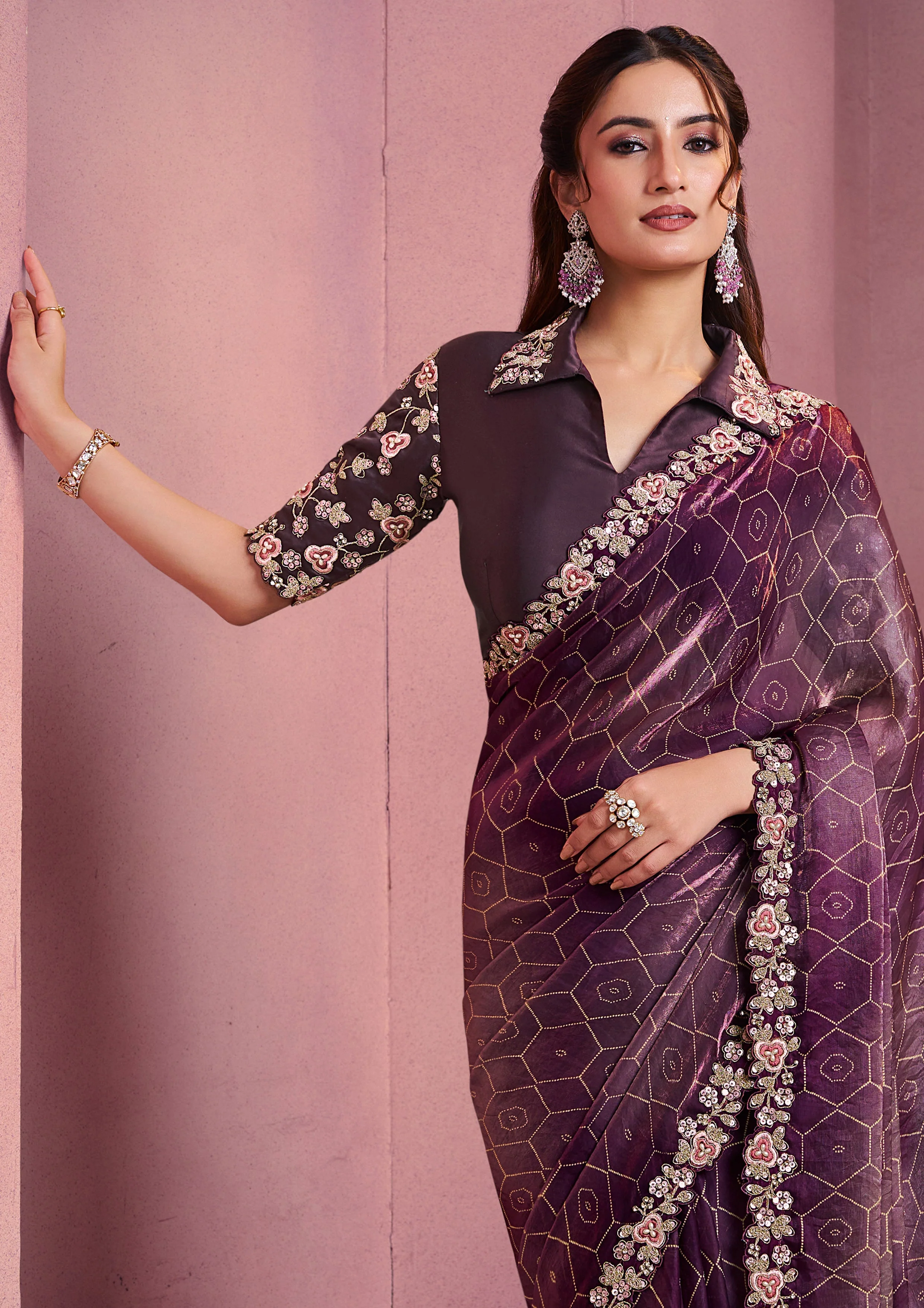 Wine Embroidered Satin Silk Saree - Image 3
