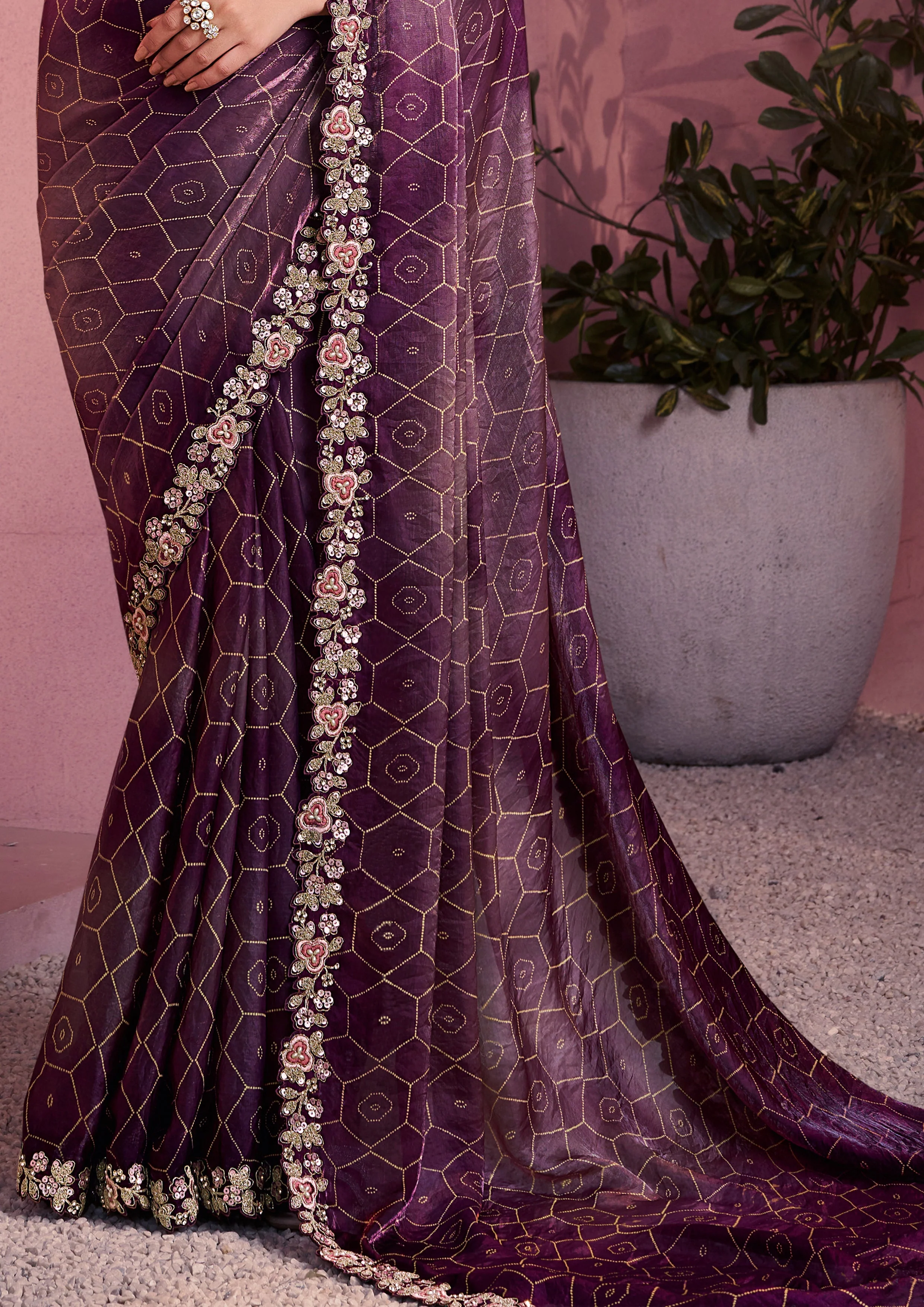 Wine Embroidered Satin Silk Saree - Image 4