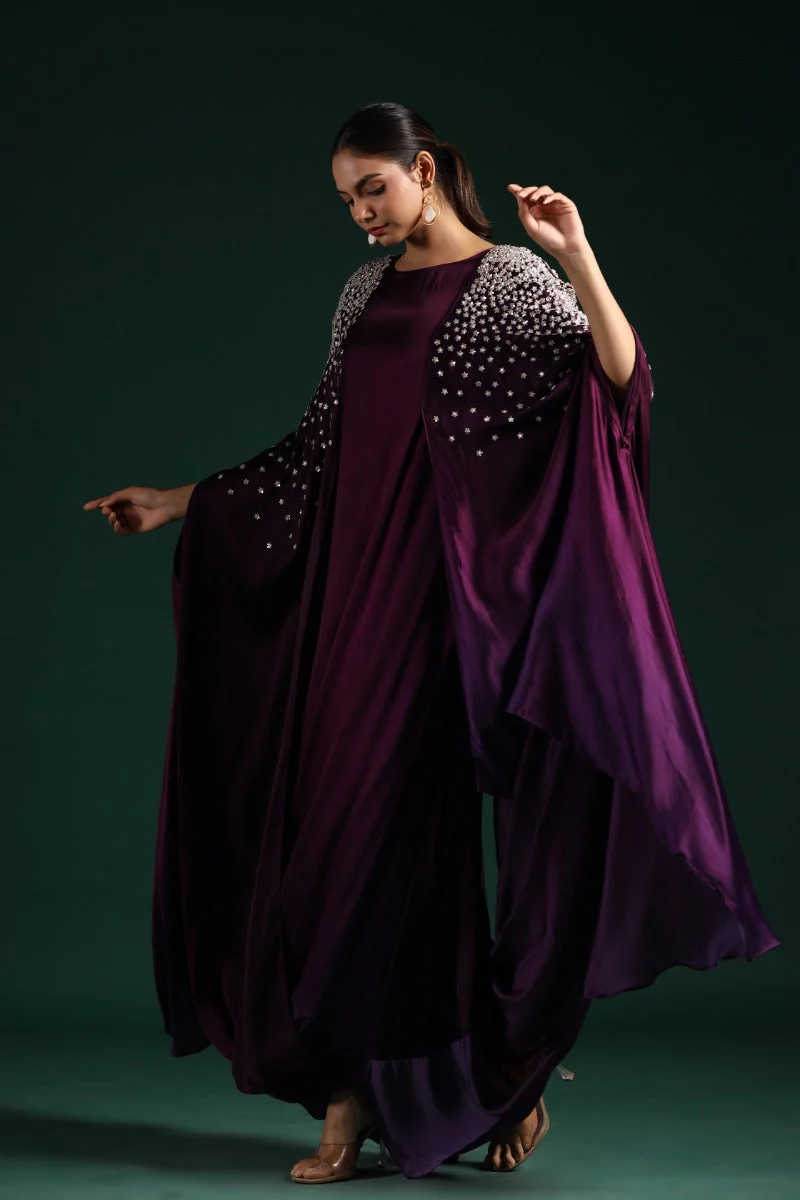 Wine Embellished Draped Gown - Image 3