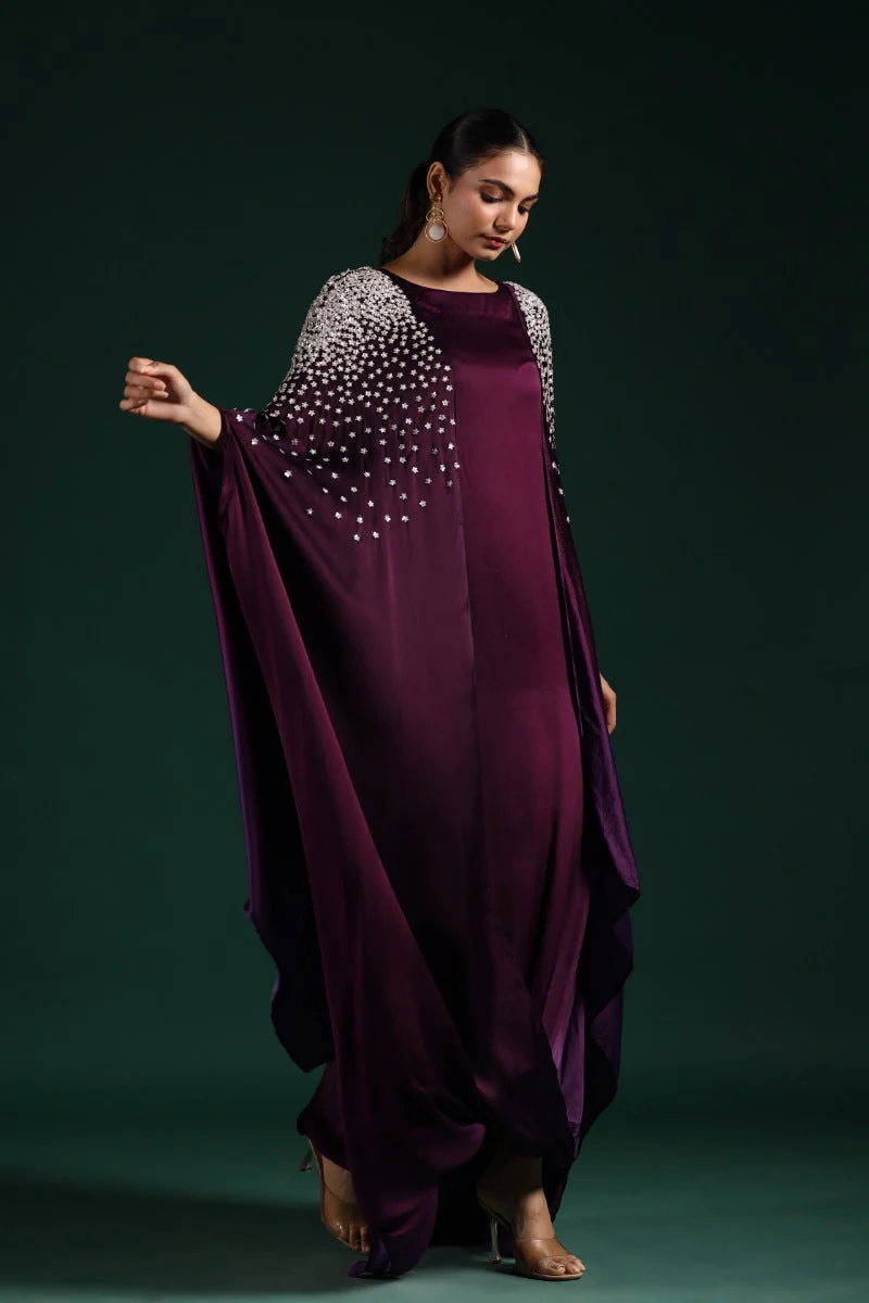 Wine Embellished Draped Gown - Image 4