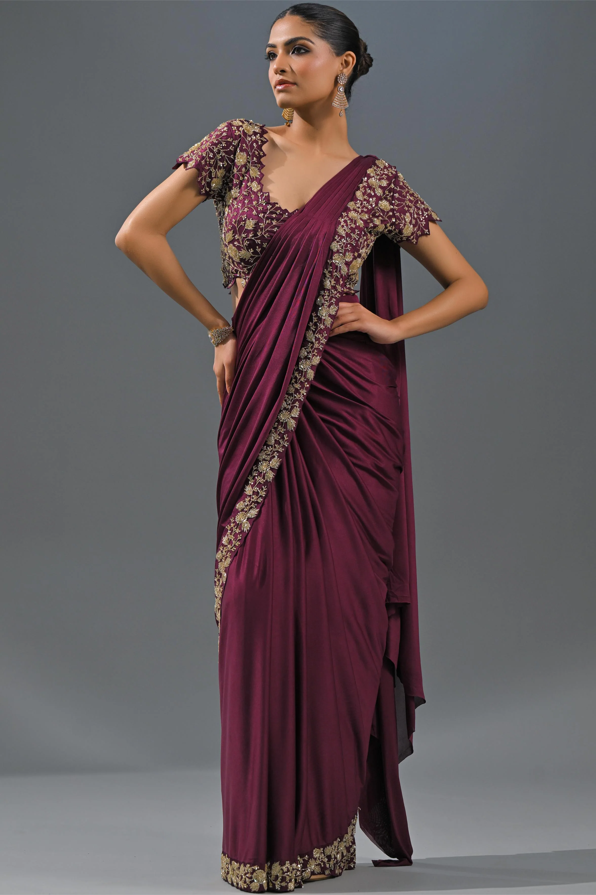 Wine Embellished Pleated Saree - Image 3