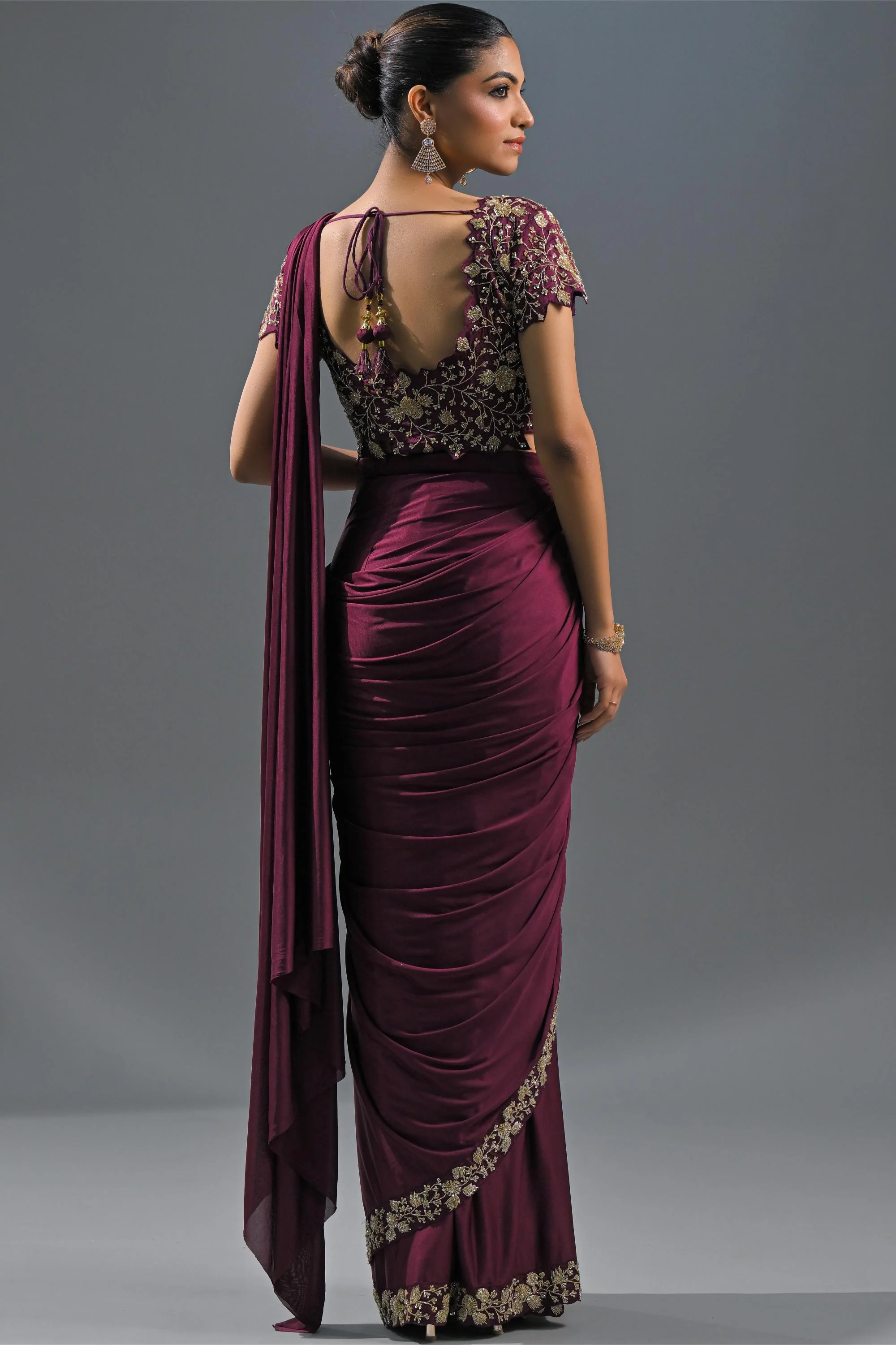 Wine Embellished Pleated Saree - Image 4