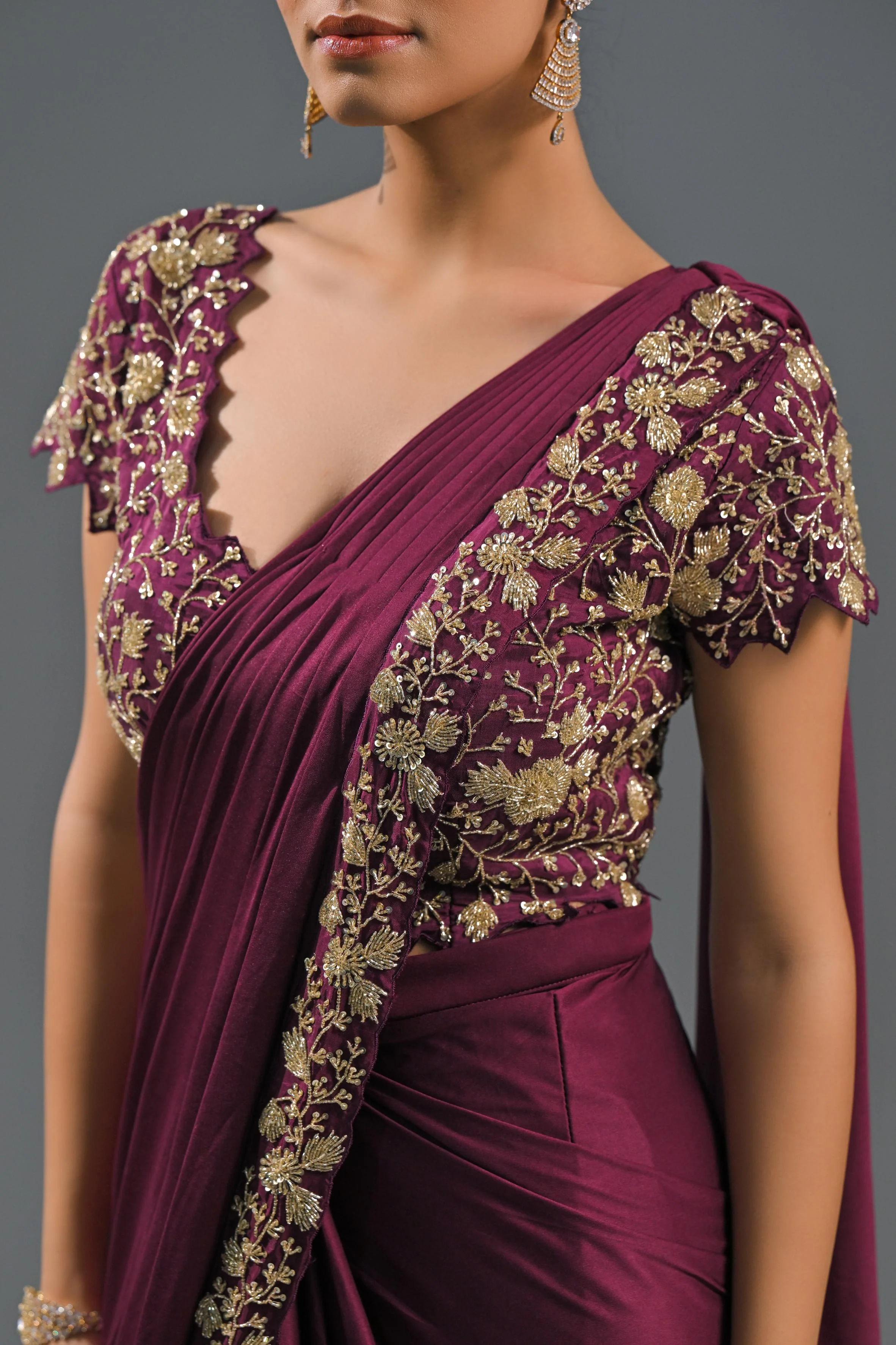 Wine Embellished Pleated Saree - Image 5