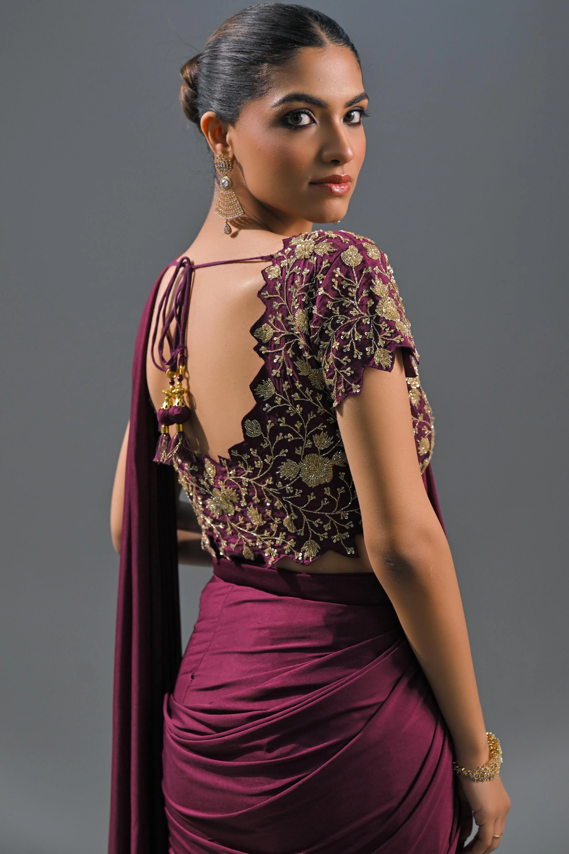 Wine Embellished Pleated Saree - Image 6