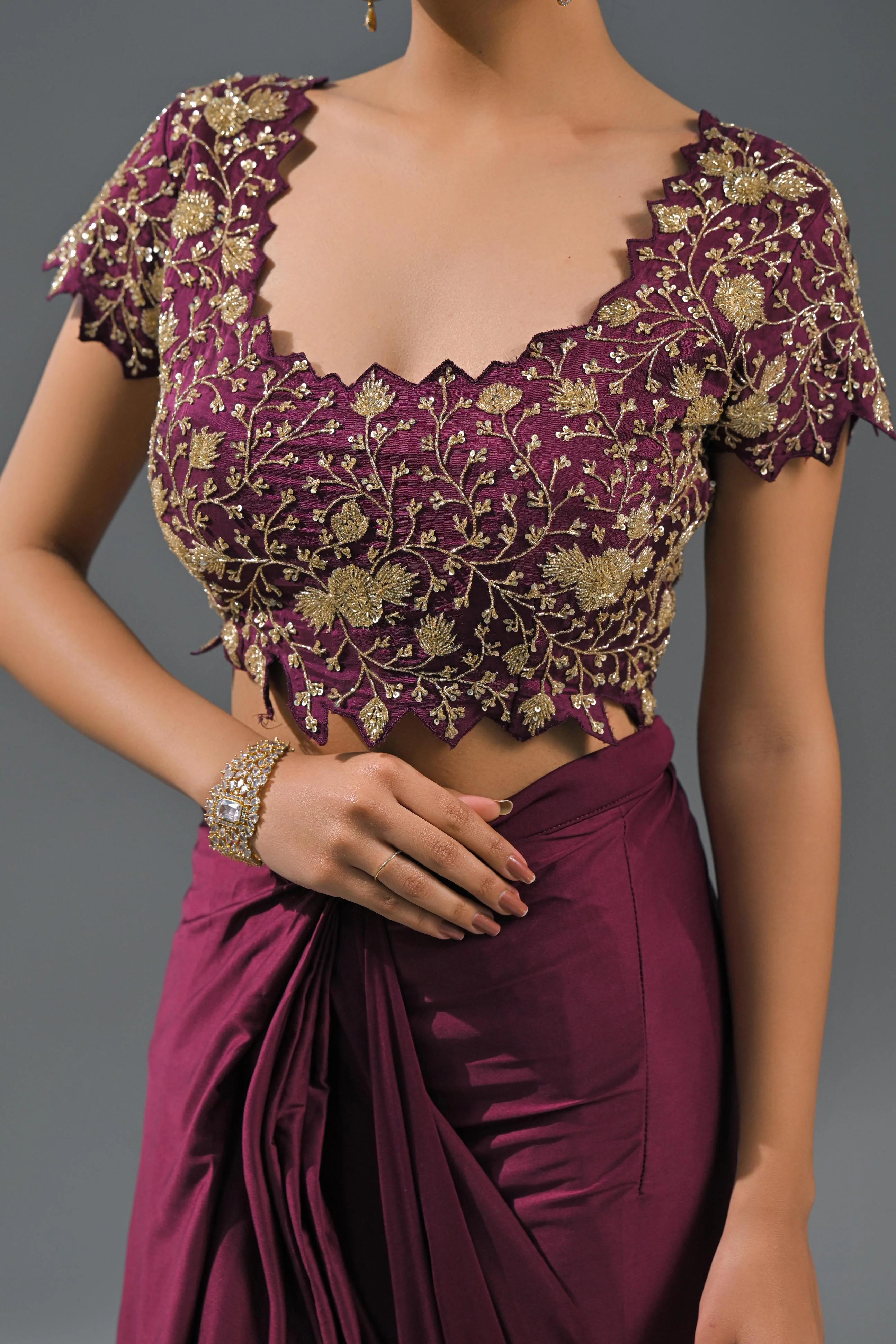 Wine Embellished Pleated Saree - Image 7