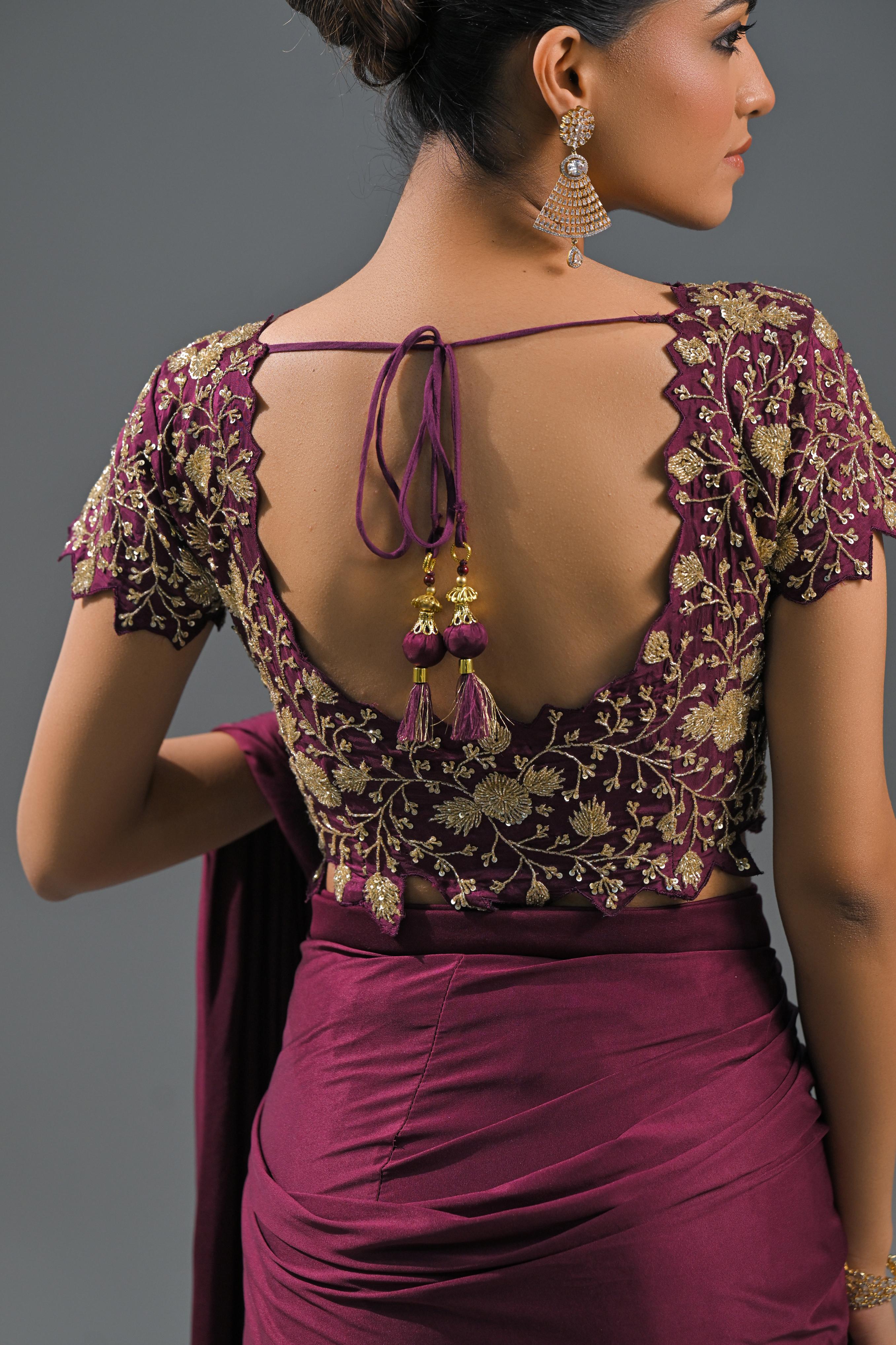 Wine Embellished Pleated Saree - Image 8