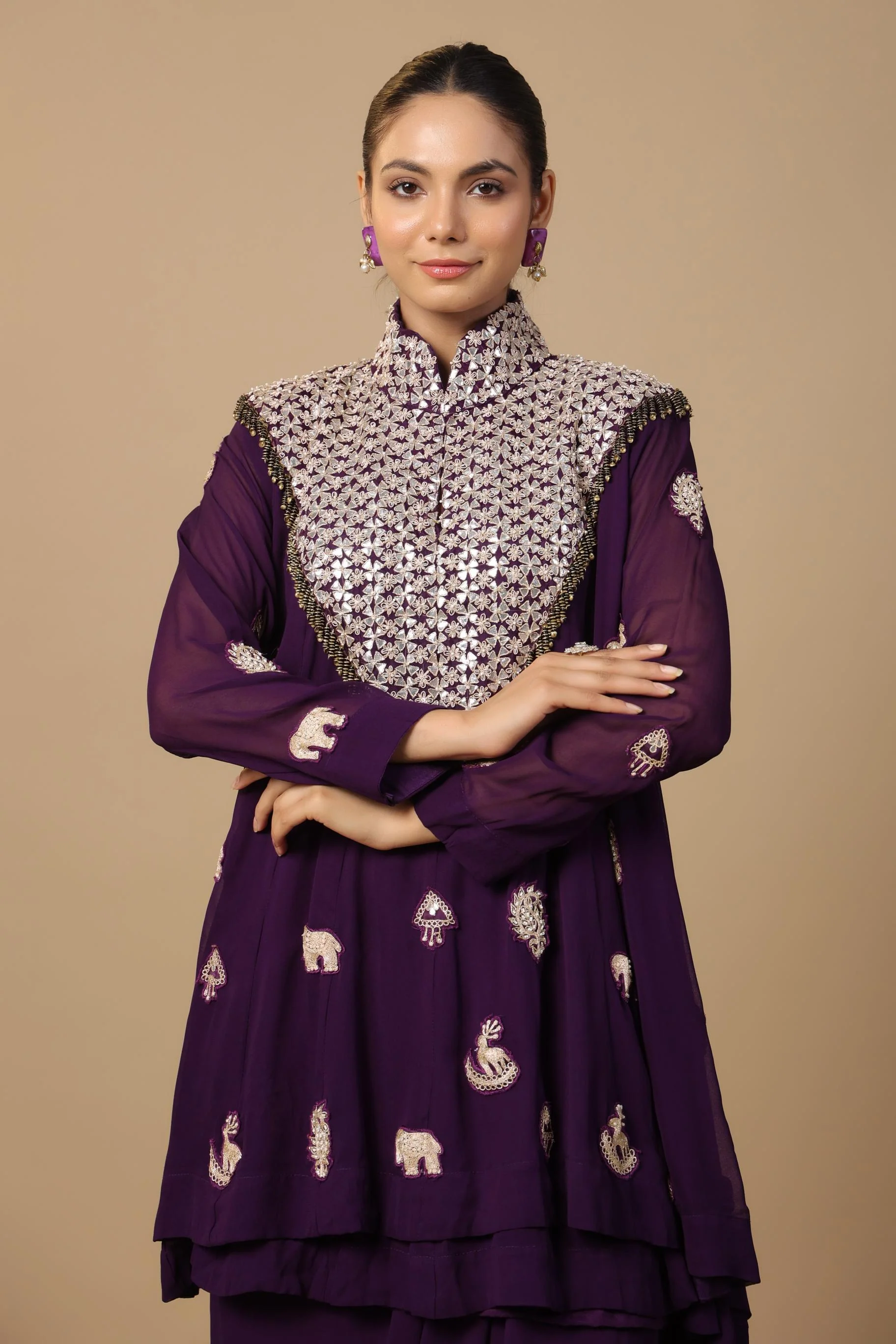 Wine Embellished Premium Georgette Silk Skirt Set - Image 2