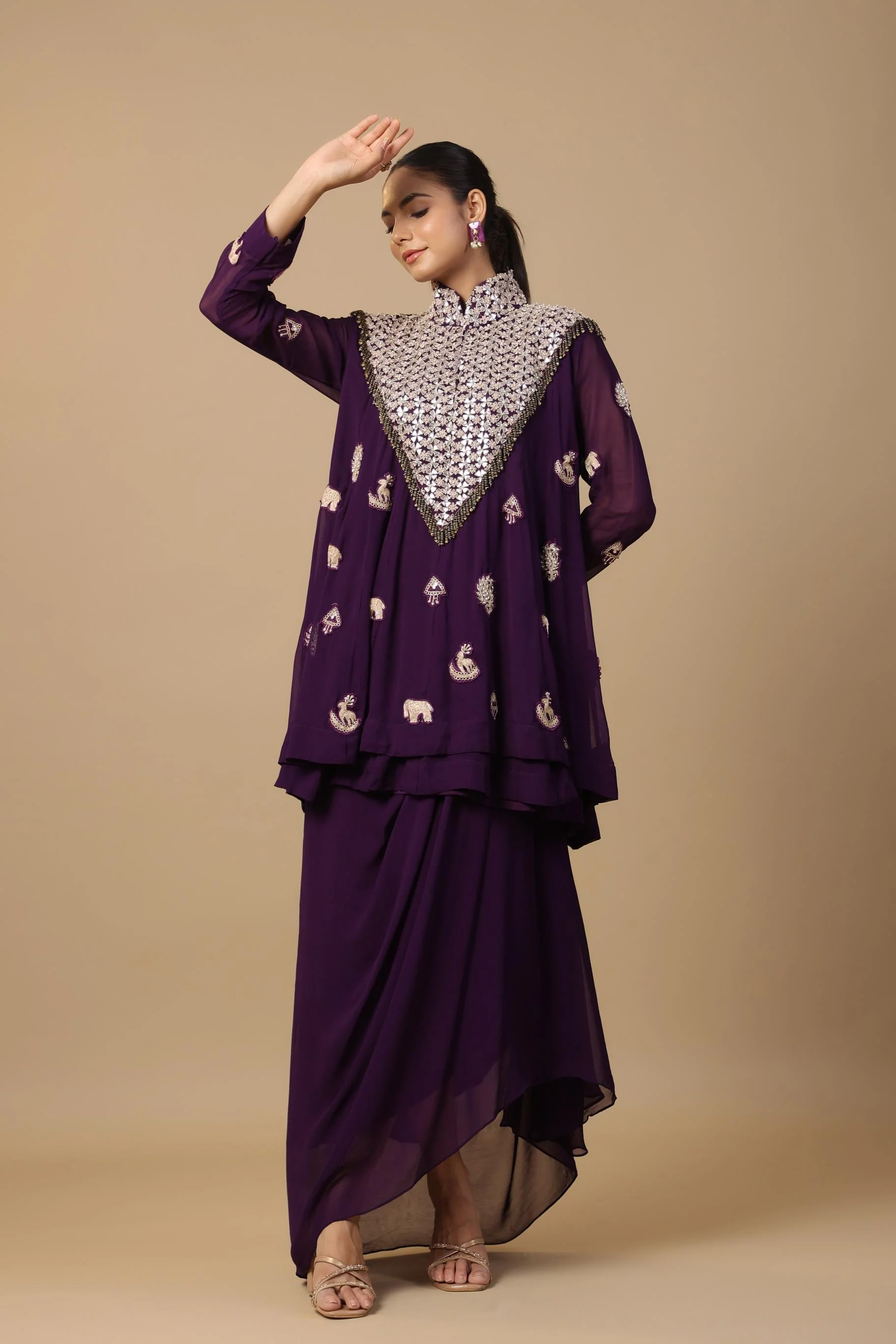 Wine Embellished Premium Georgette Silk Skirt Set - Image 3