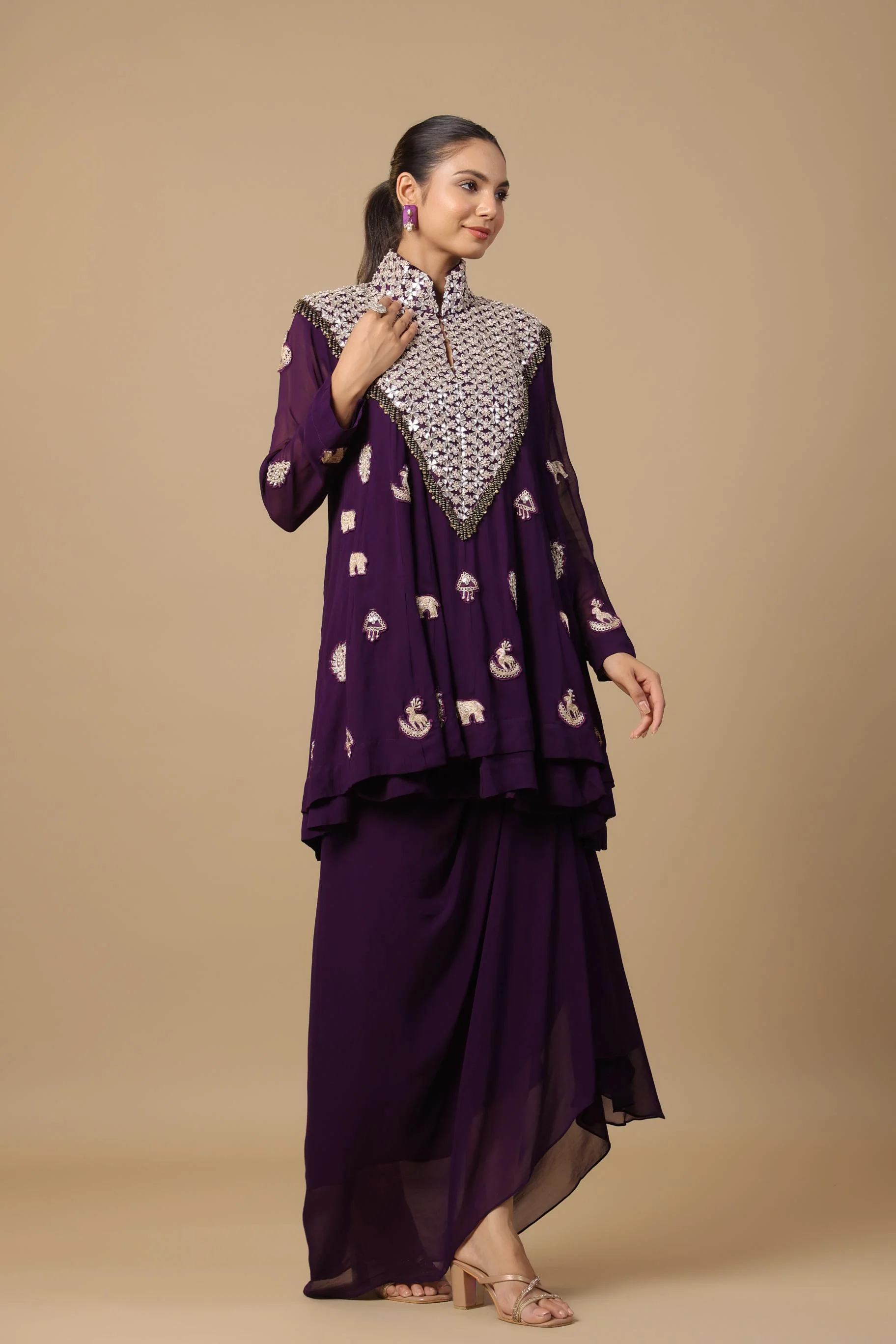 Wine Embellished Premium Georgette Silk Skirt Set - Image 4