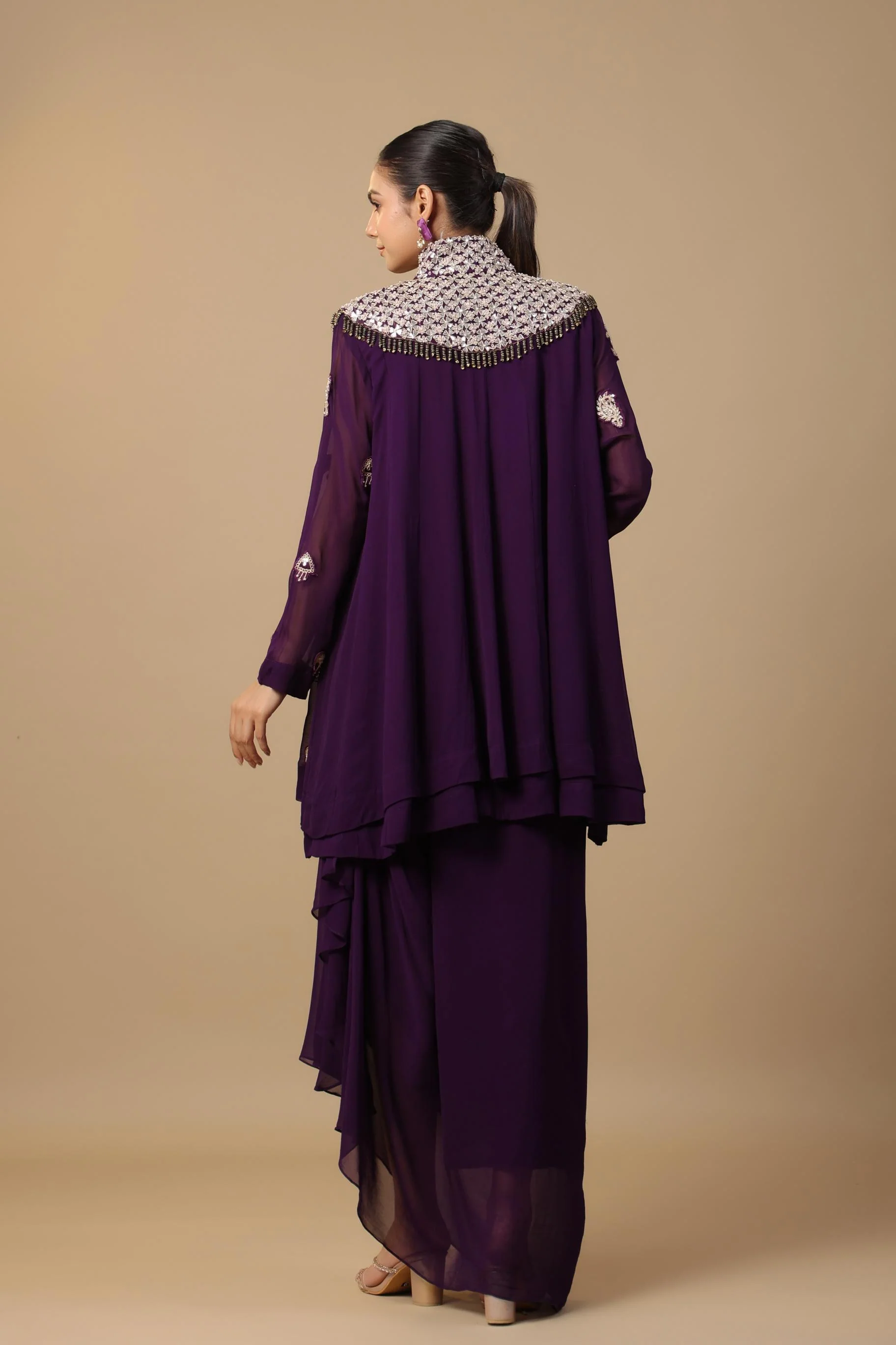 Wine Embellished Premium Georgette Silk Skirt Set - Image 5