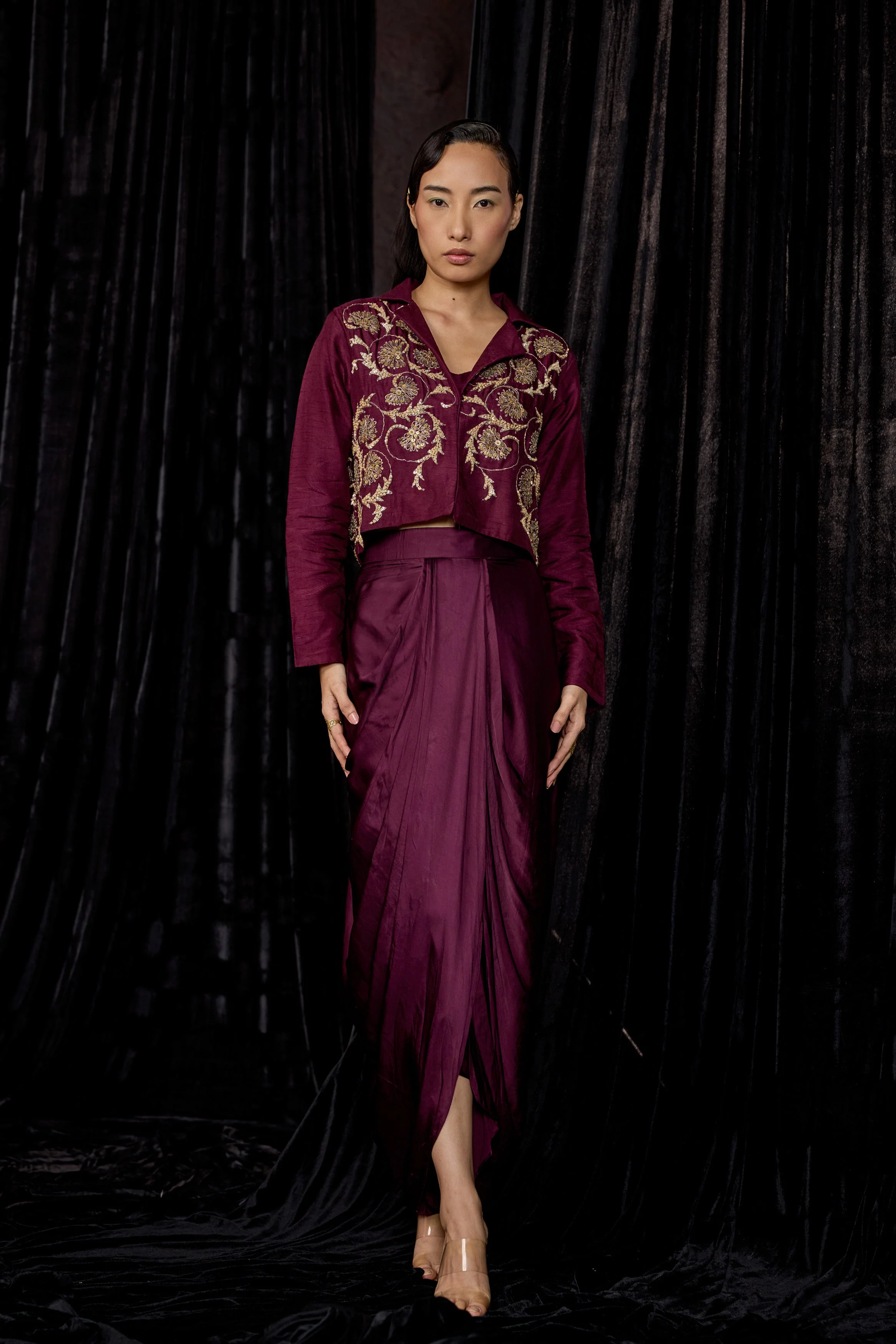 Wine Embellished Raw Silk Skirt Set