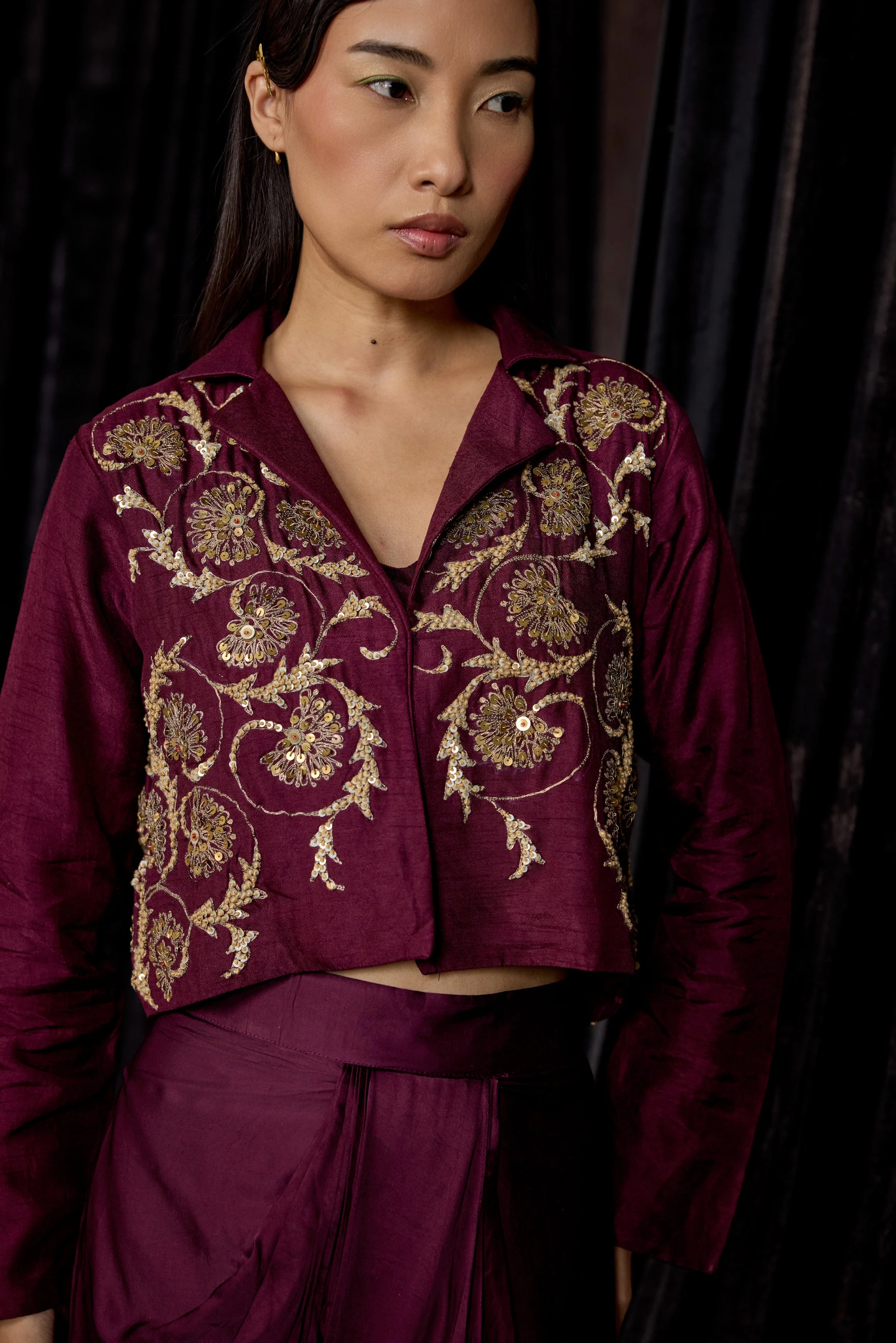 Wine Embellished Raw Silk Skirt Set - Image 2