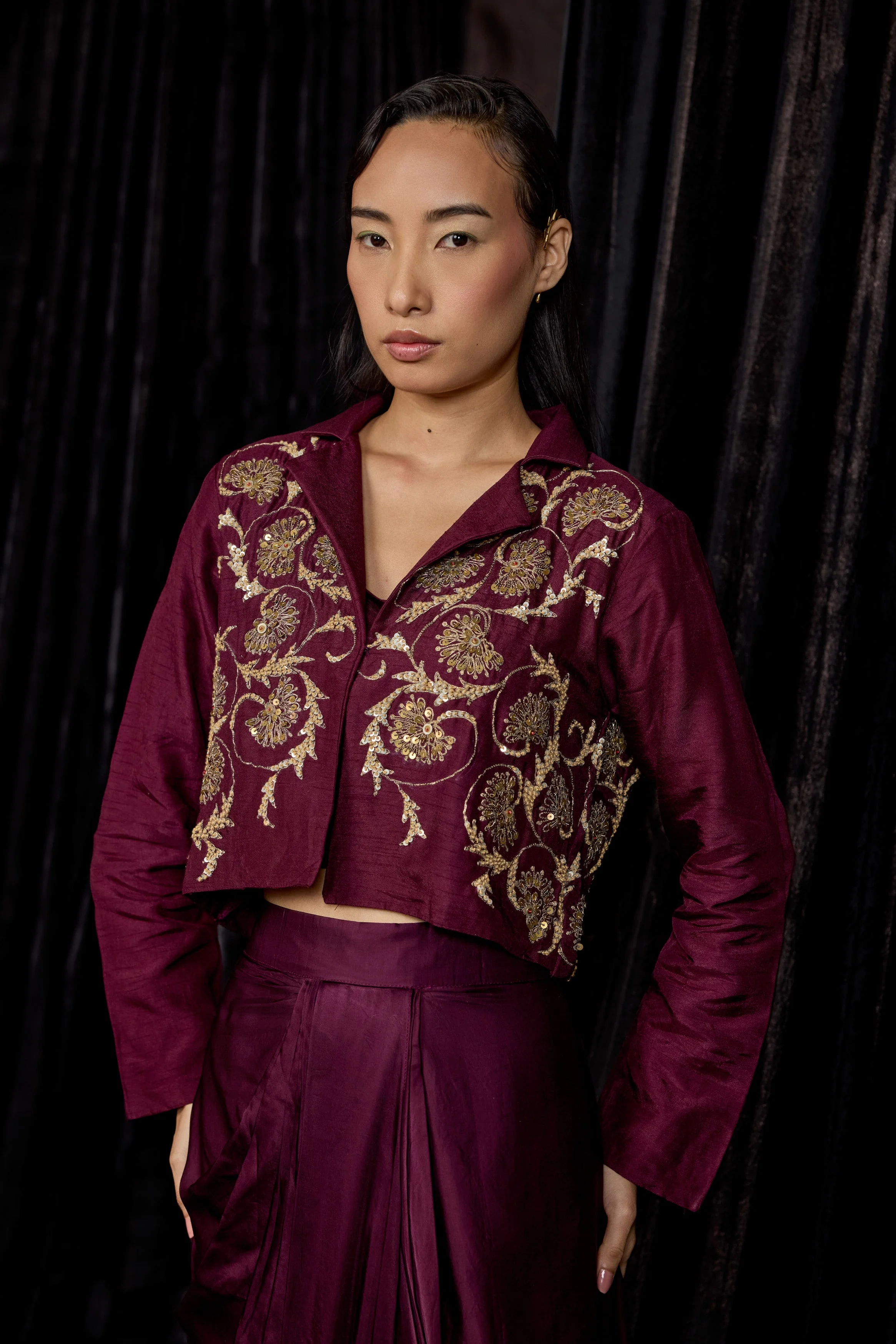 Wine Embellished Raw Silk Skirt Set - Image 3