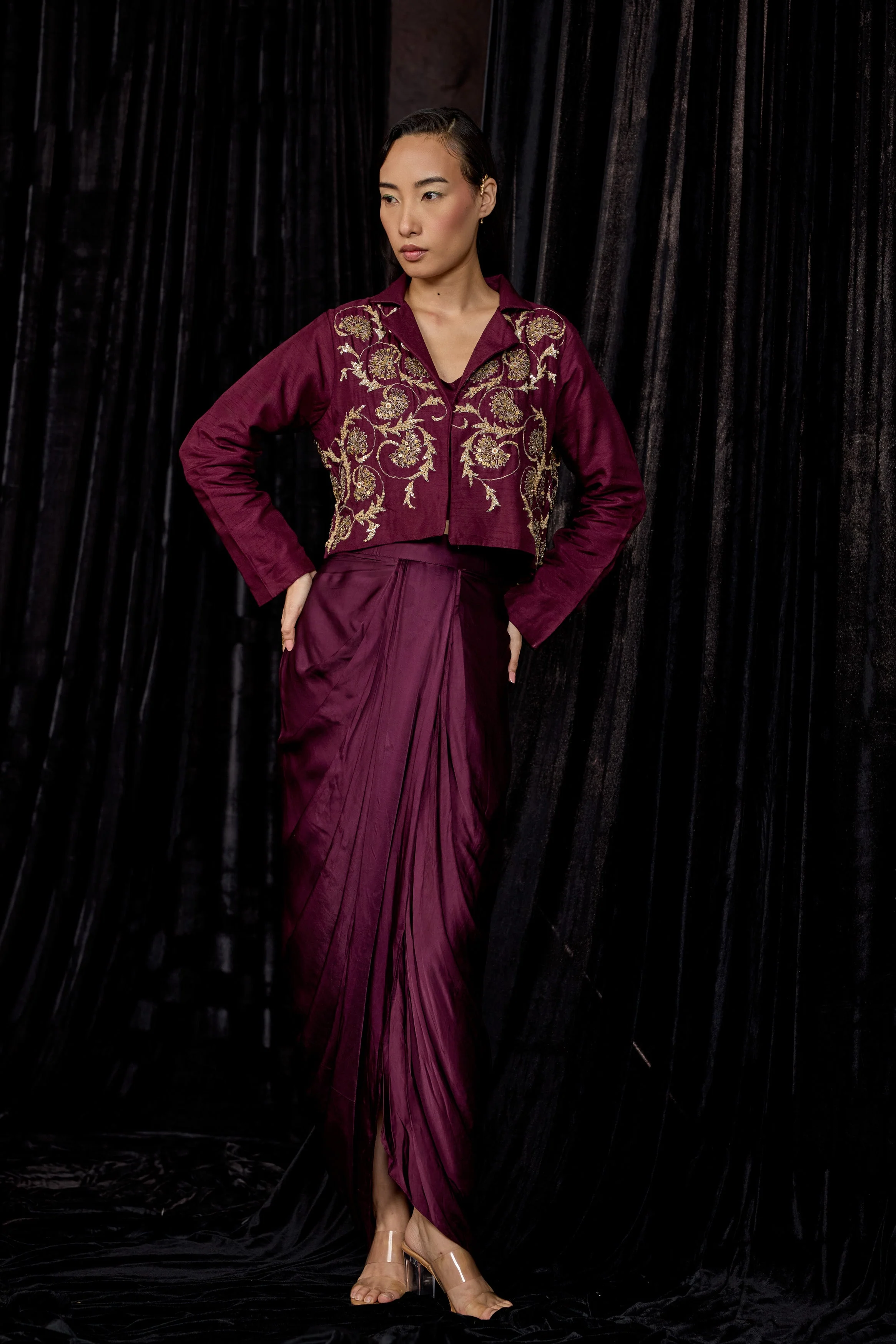 Wine Embellished Raw Silk Skirt Set - Image 4