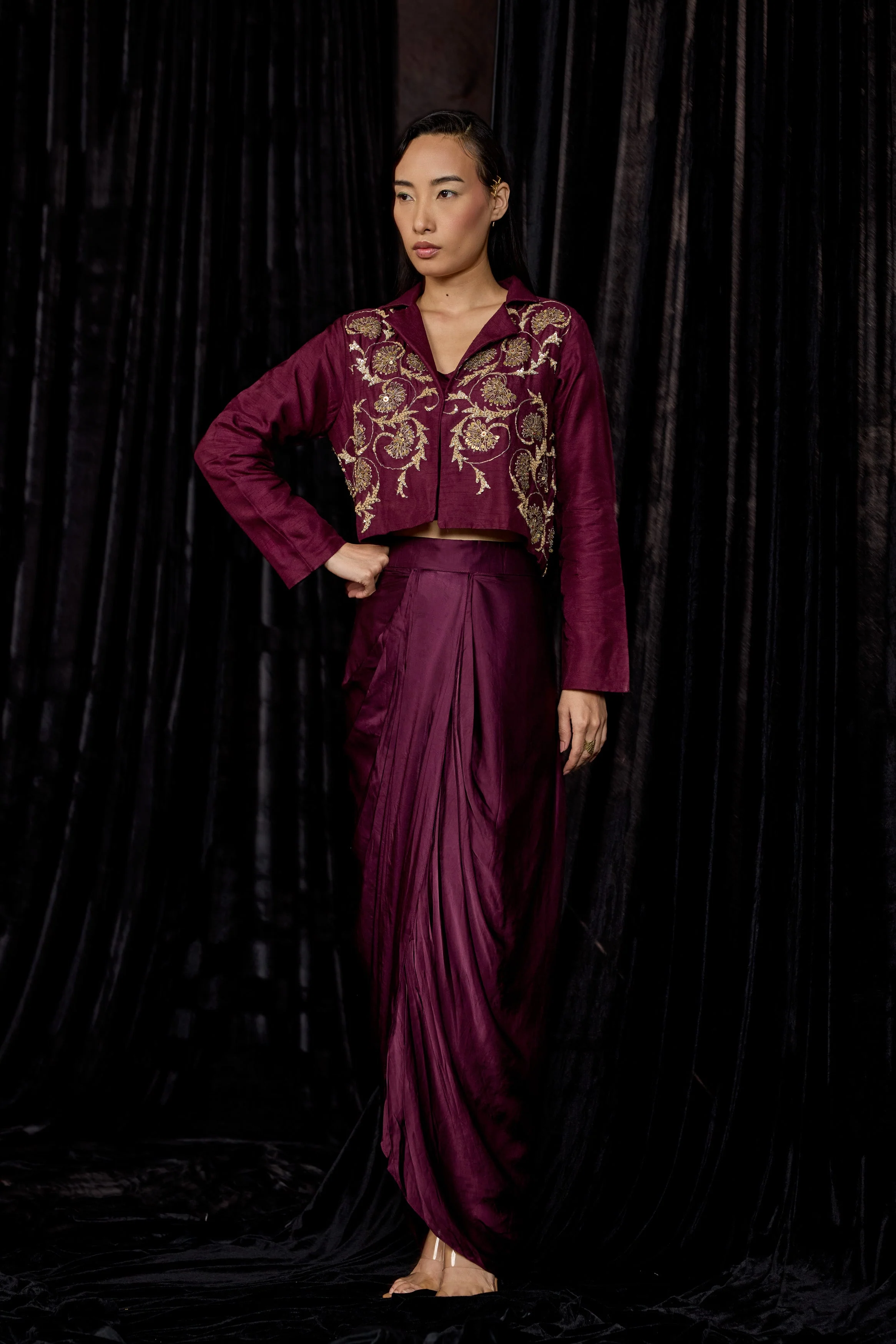 Wine Embellished Raw Silk Skirt Set - Image 5