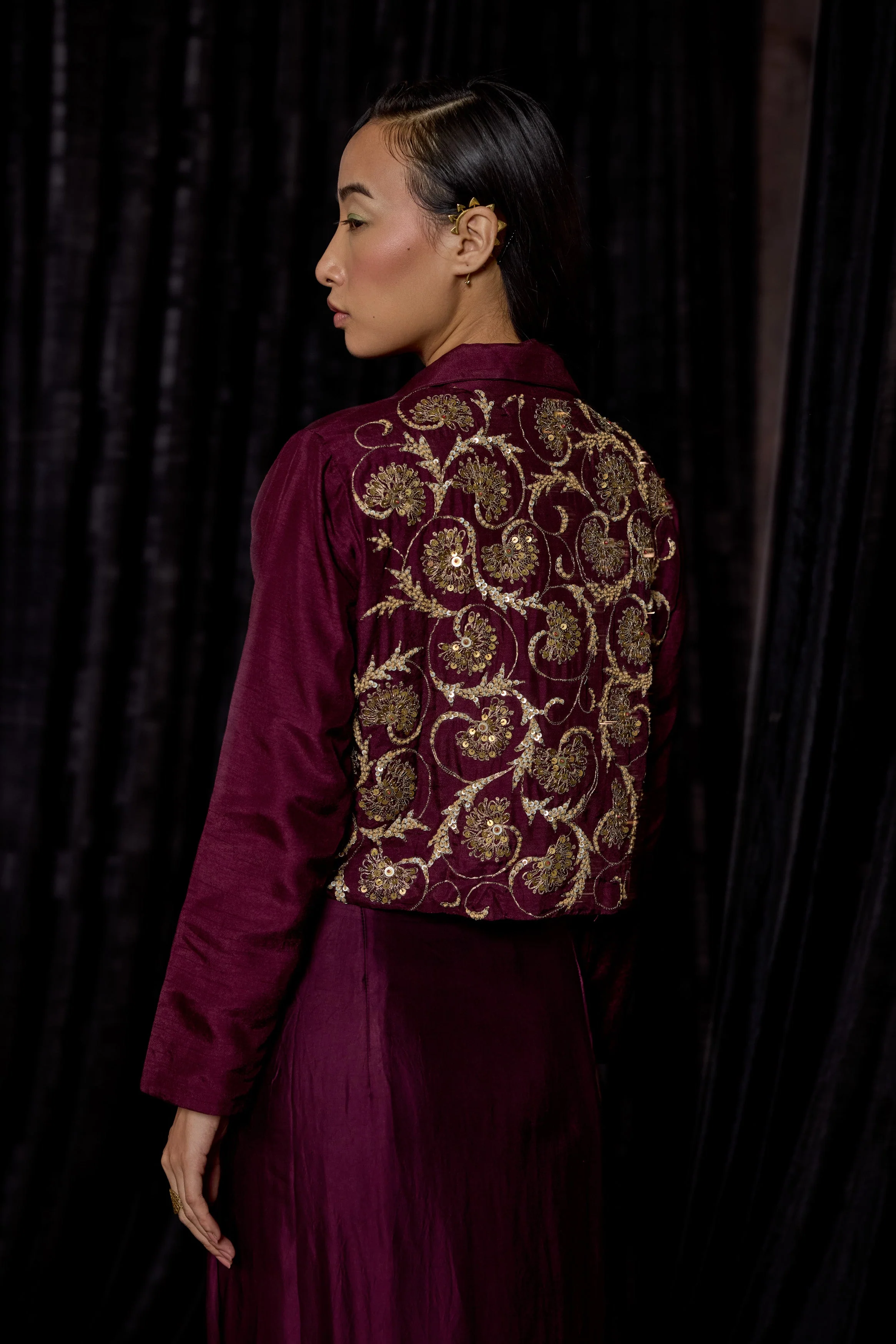 Wine Embellished Raw Silk Skirt Set - Image 6