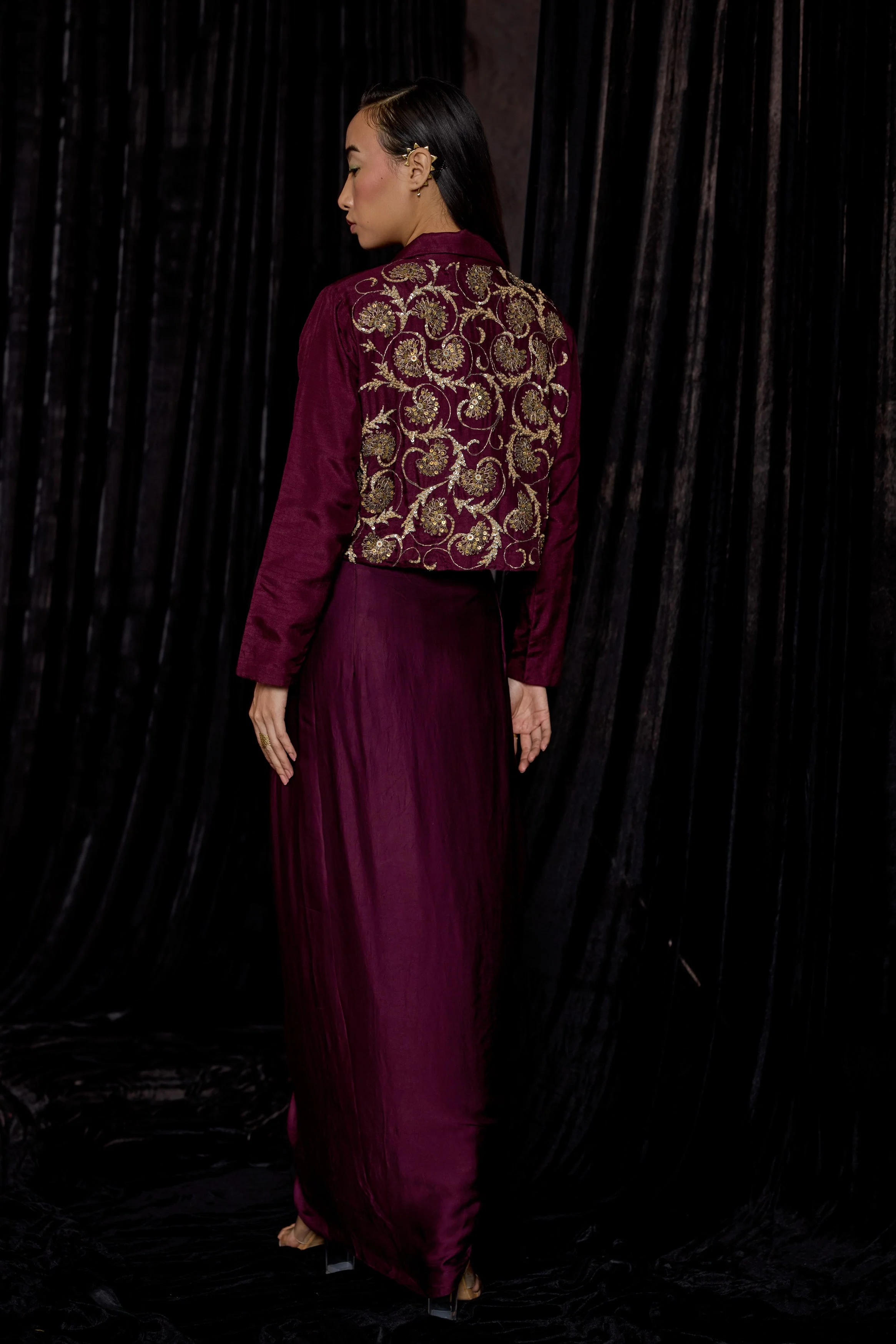 Wine Embellished Raw Silk Skirt Set - Image 7