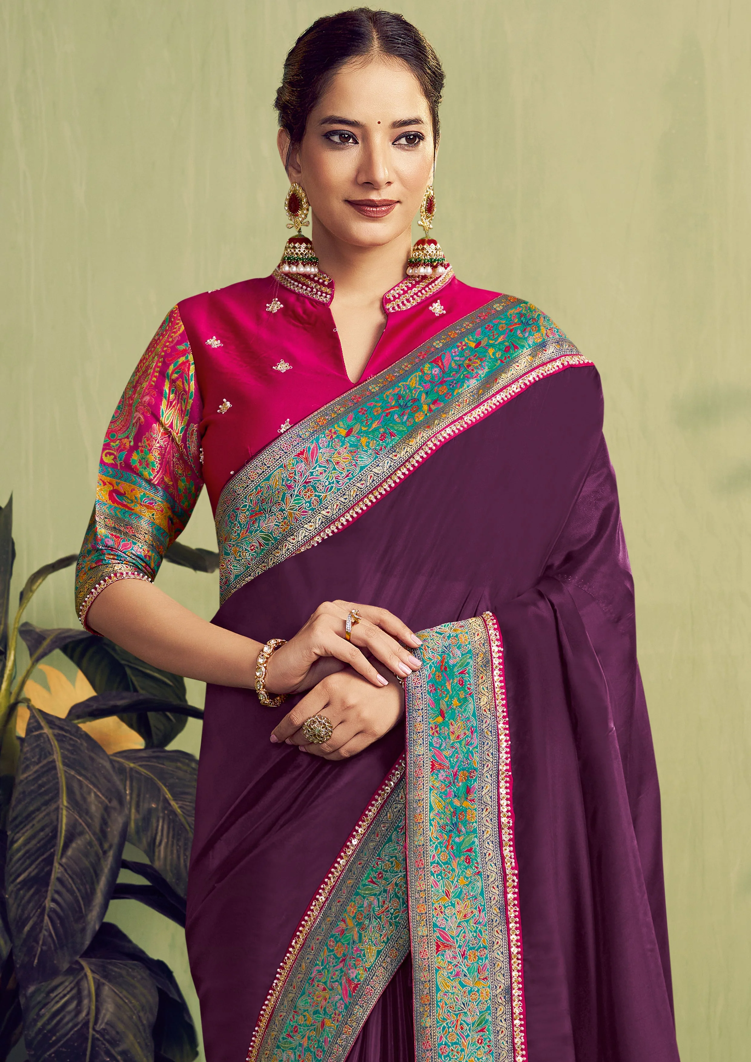 Wine Embellished Satin Silk Saree - Image 2