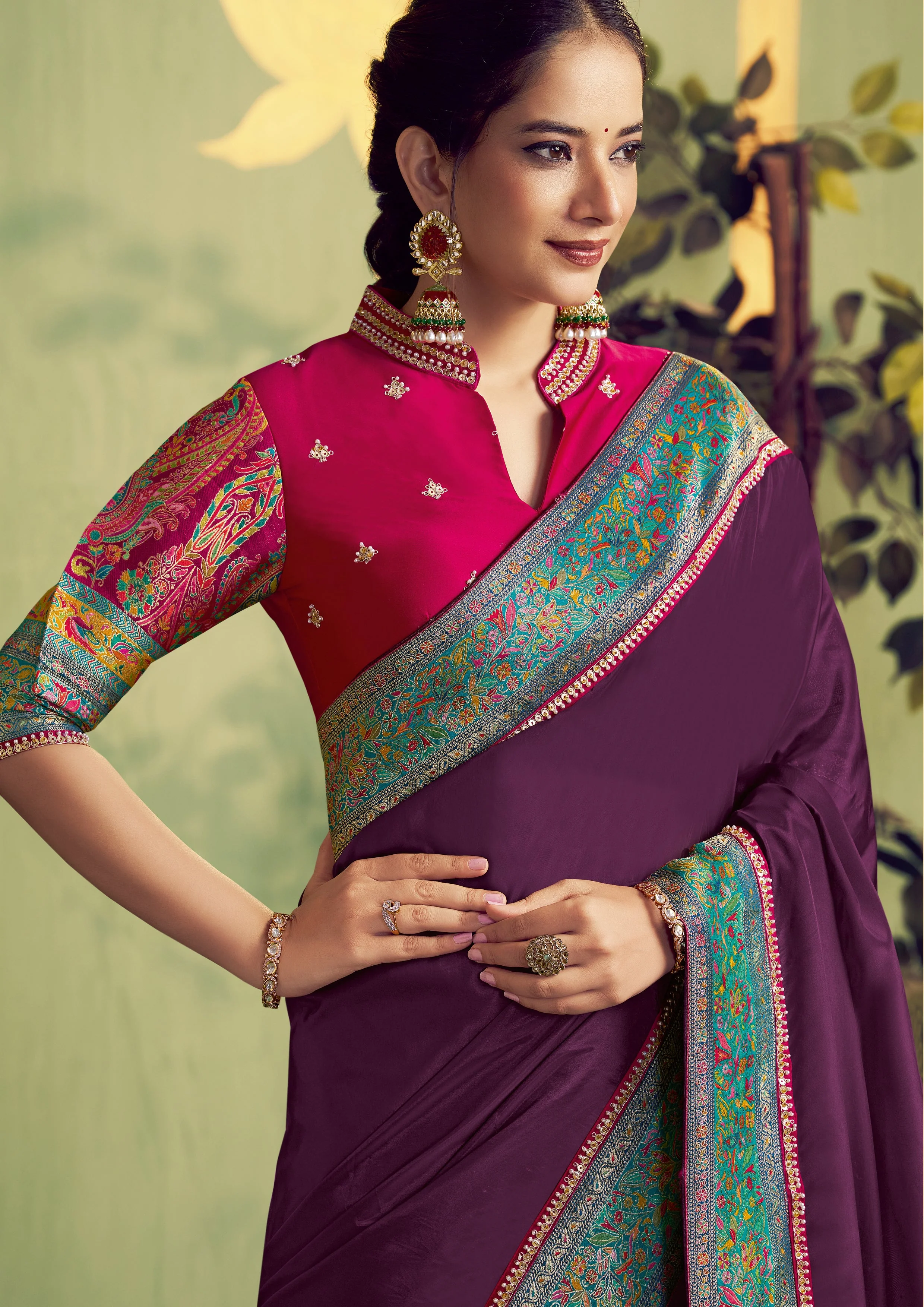 Wine Embellished Satin Silk Saree - Image 3