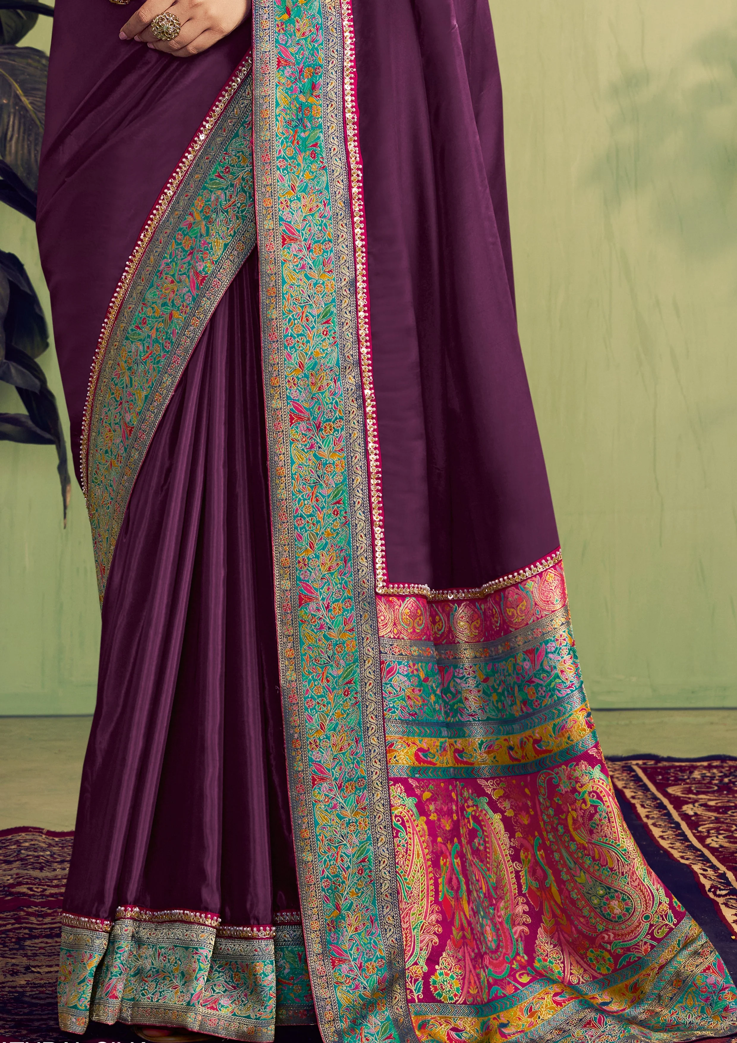 Wine Embellished Satin Silk Saree - Image 4