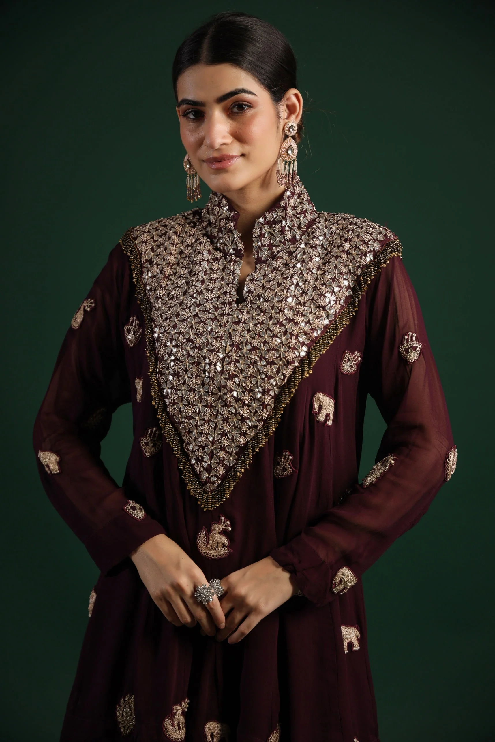 Wine Embellished Swiss Georgette Wrap Skirt Set - Image 2