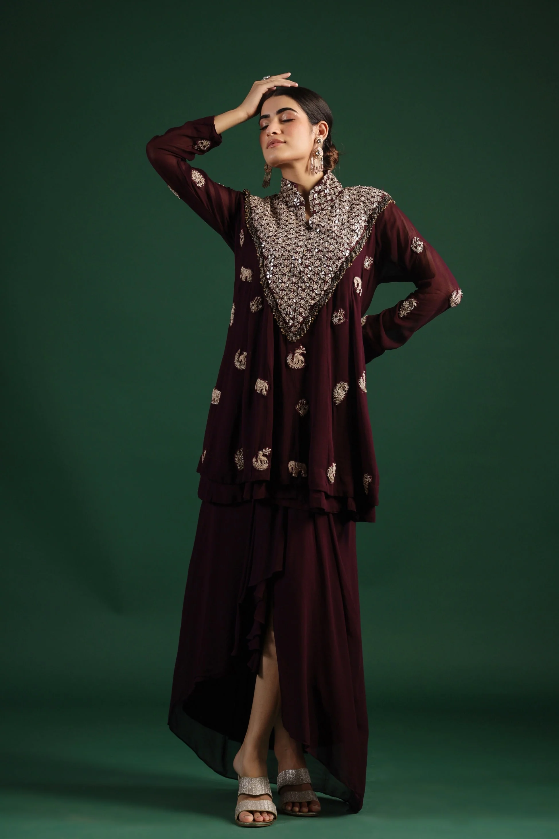 Wine Embellished Swiss Georgette Wrap Skirt Set - Image 3