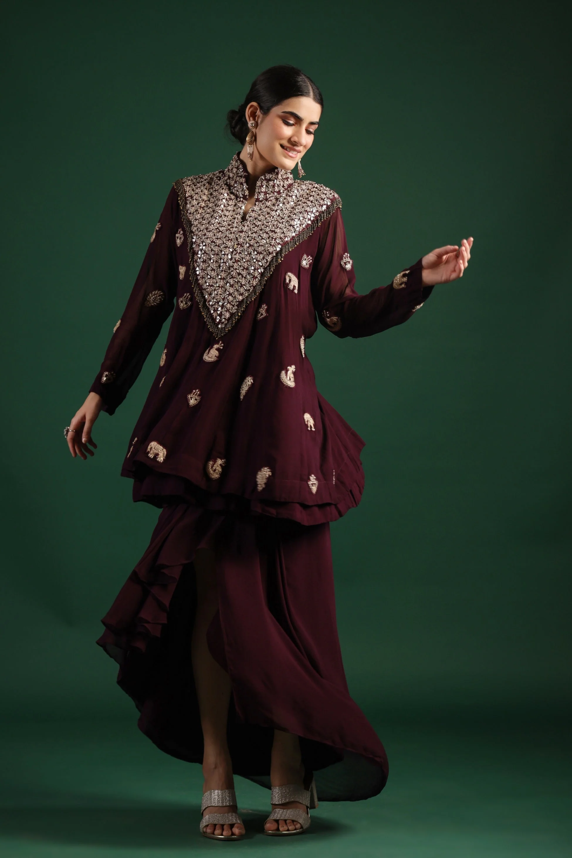 Wine Embellished Swiss Georgette Wrap Skirt Set - Image 4