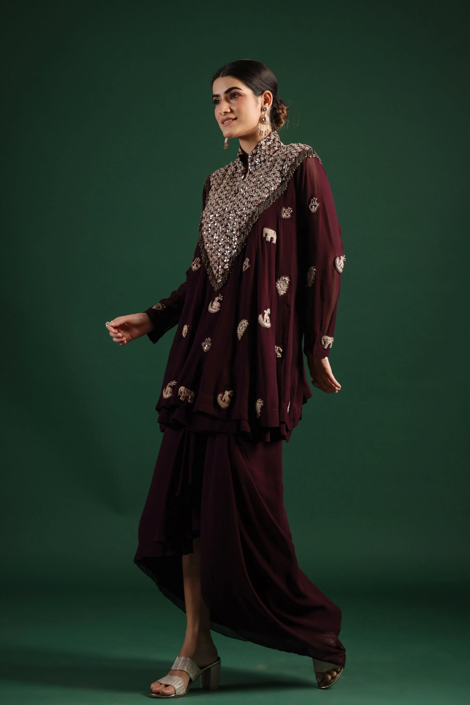 Wine Embellished Swiss Georgette Wrap Skirt Set - Image 5
