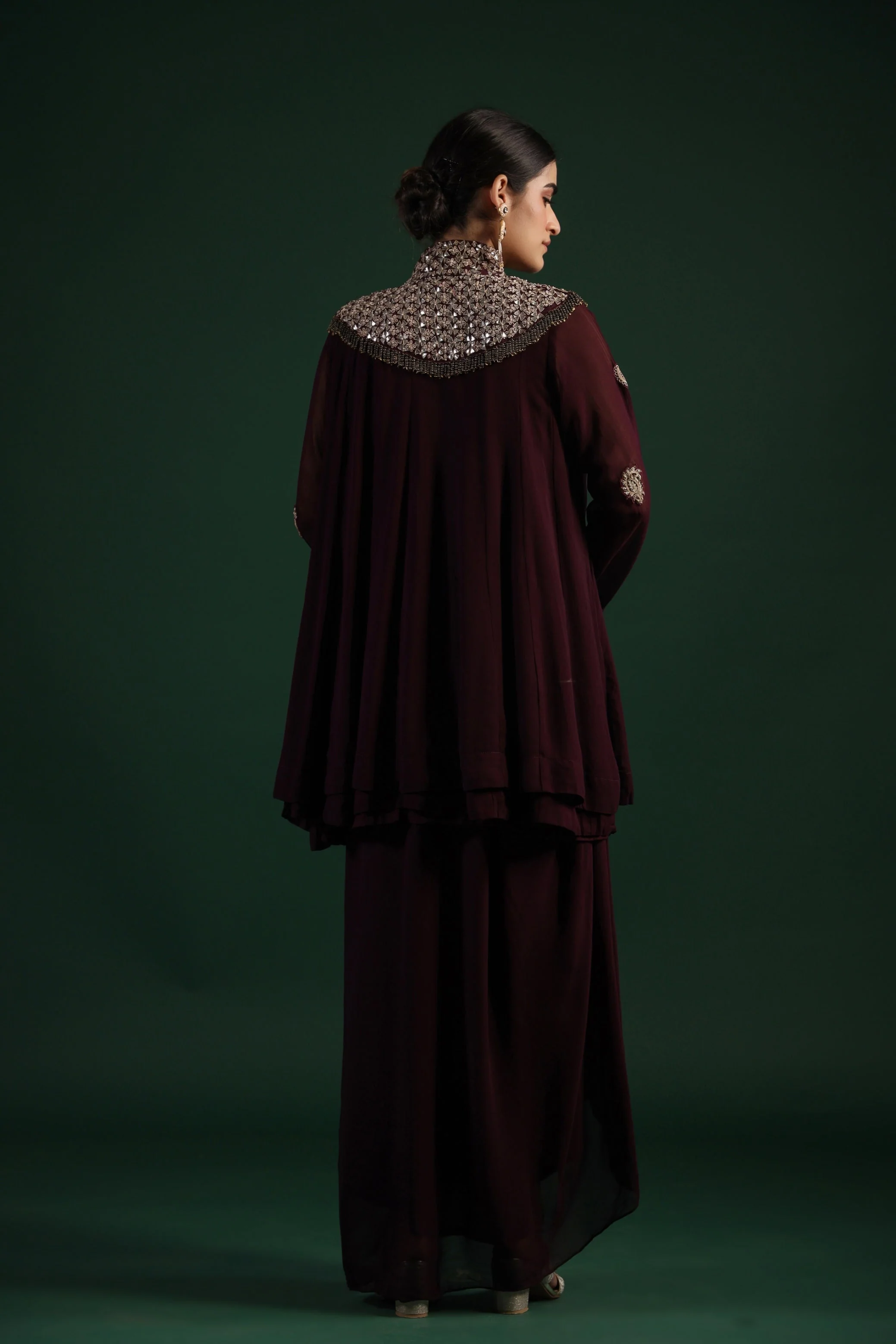 Wine Embellished Swiss Georgette Wrap Skirt Set - Image 6
