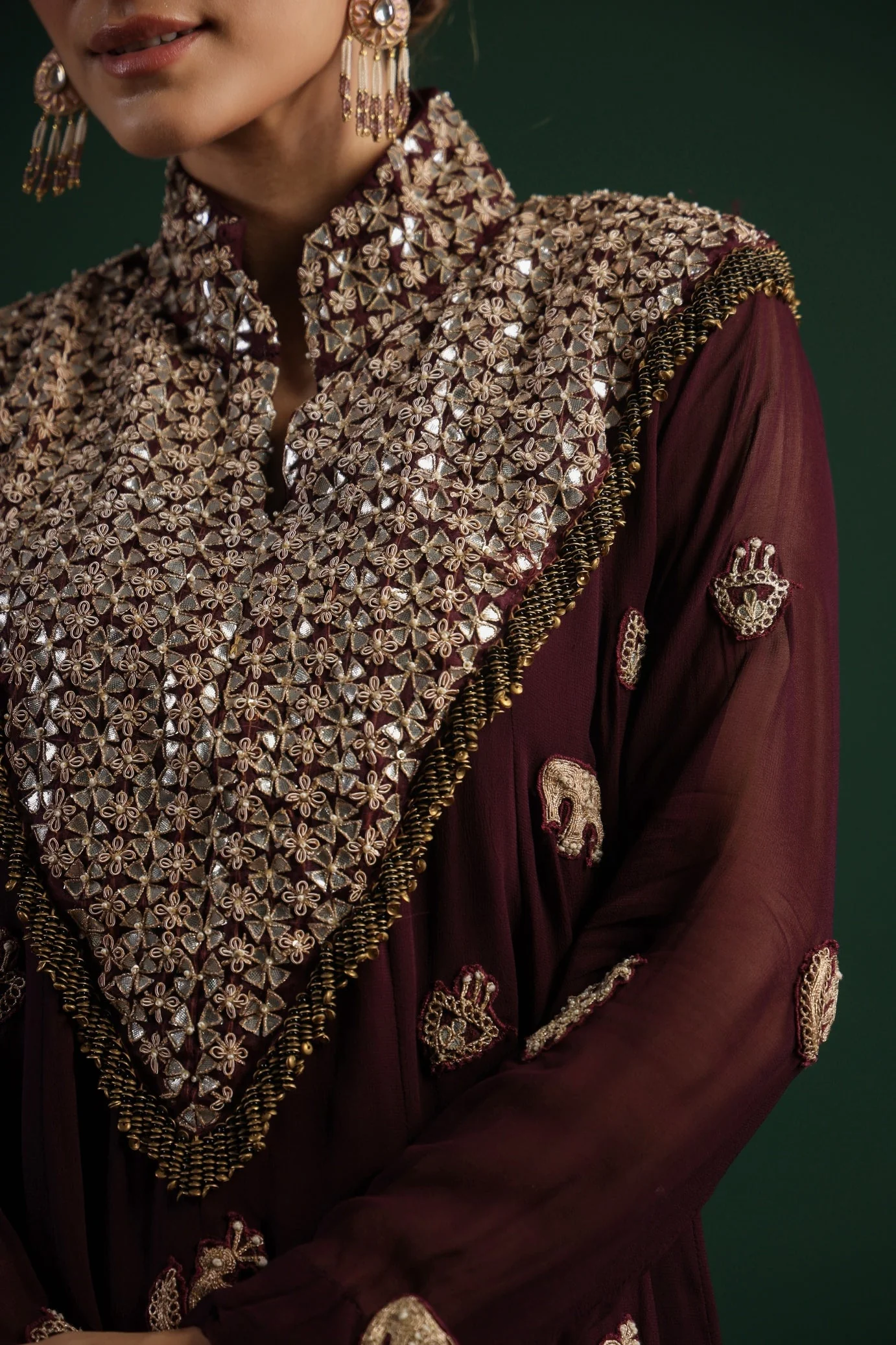 Wine Embellished Swiss Georgette Wrap Skirt Set - Image 7