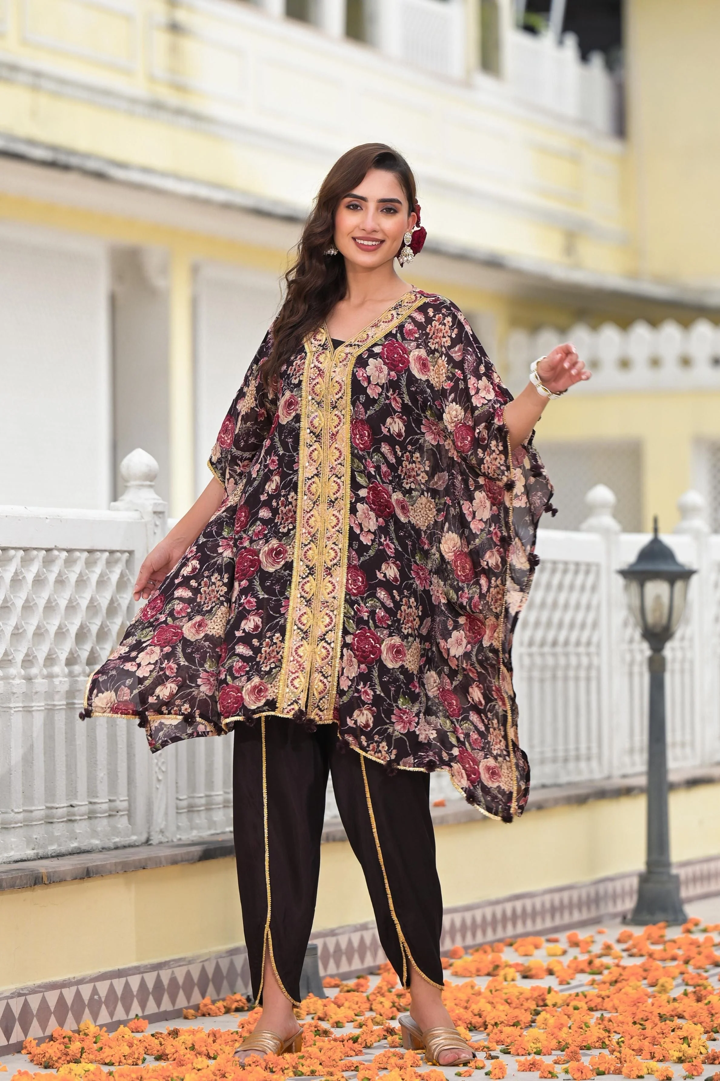 Wine Floral Printed Italian Silk Kaftan Set - Image 3
