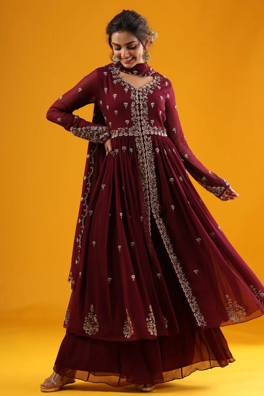 Wine Hand Embroidered Kurta & Palazzo With Dupatta