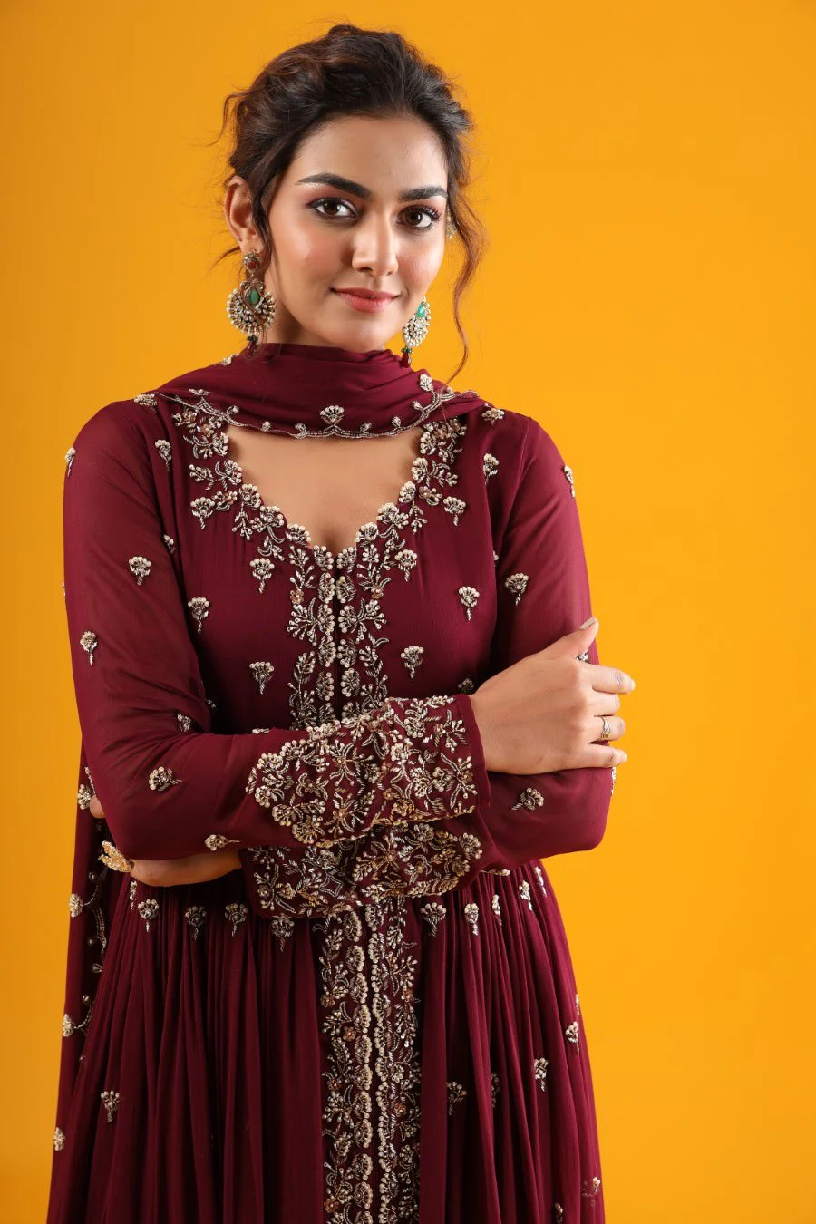 Wine Hand Embroidered Kurta & Palazzo With Dupatta - Image 2