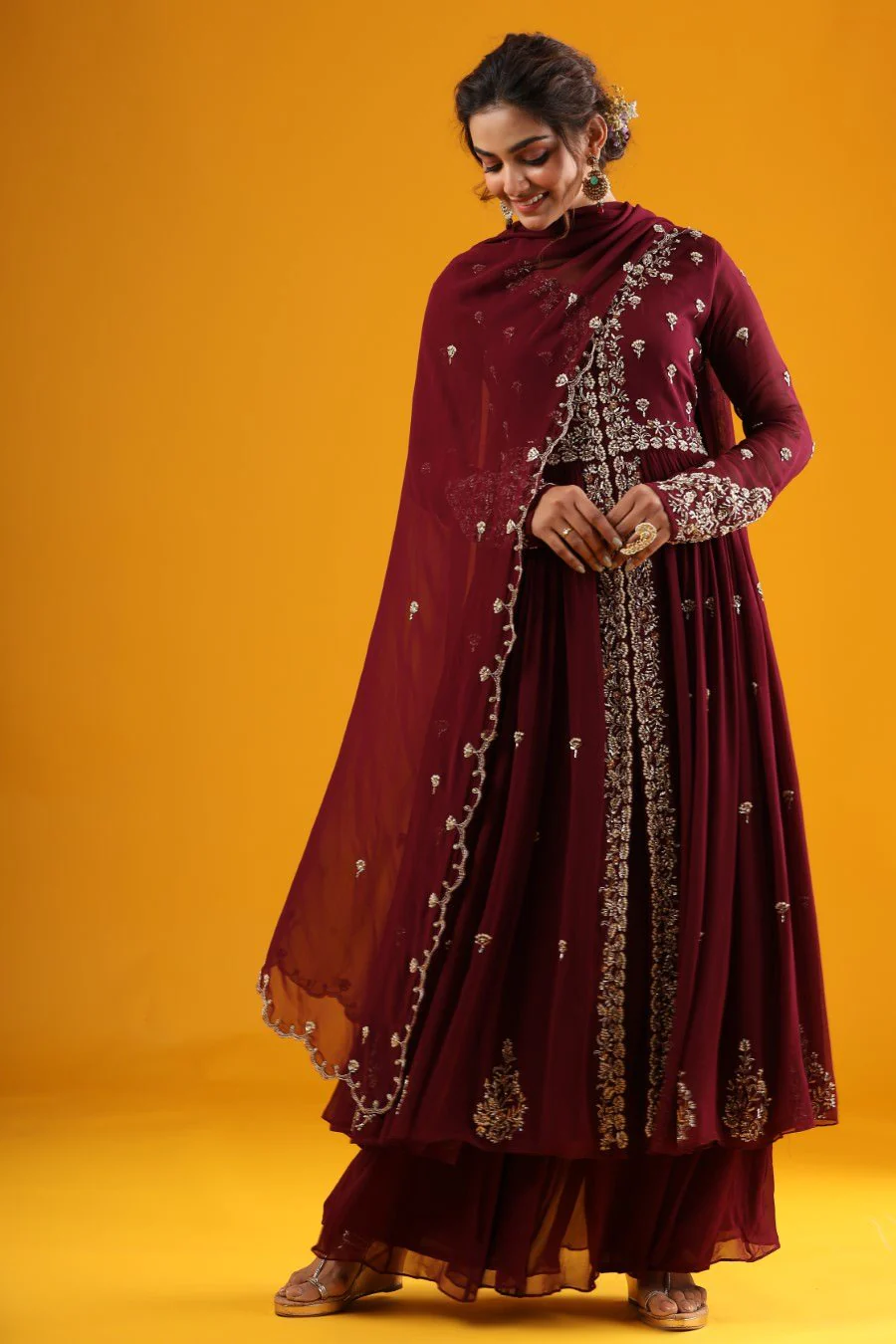 Wine Hand Embroidered Kurta & Palazzo With Dupatta - Image 3