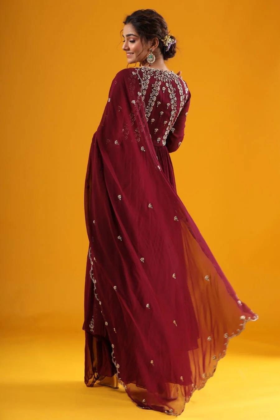 Wine Hand Embroidered Kurta & Palazzo With Dupatta - Image 4