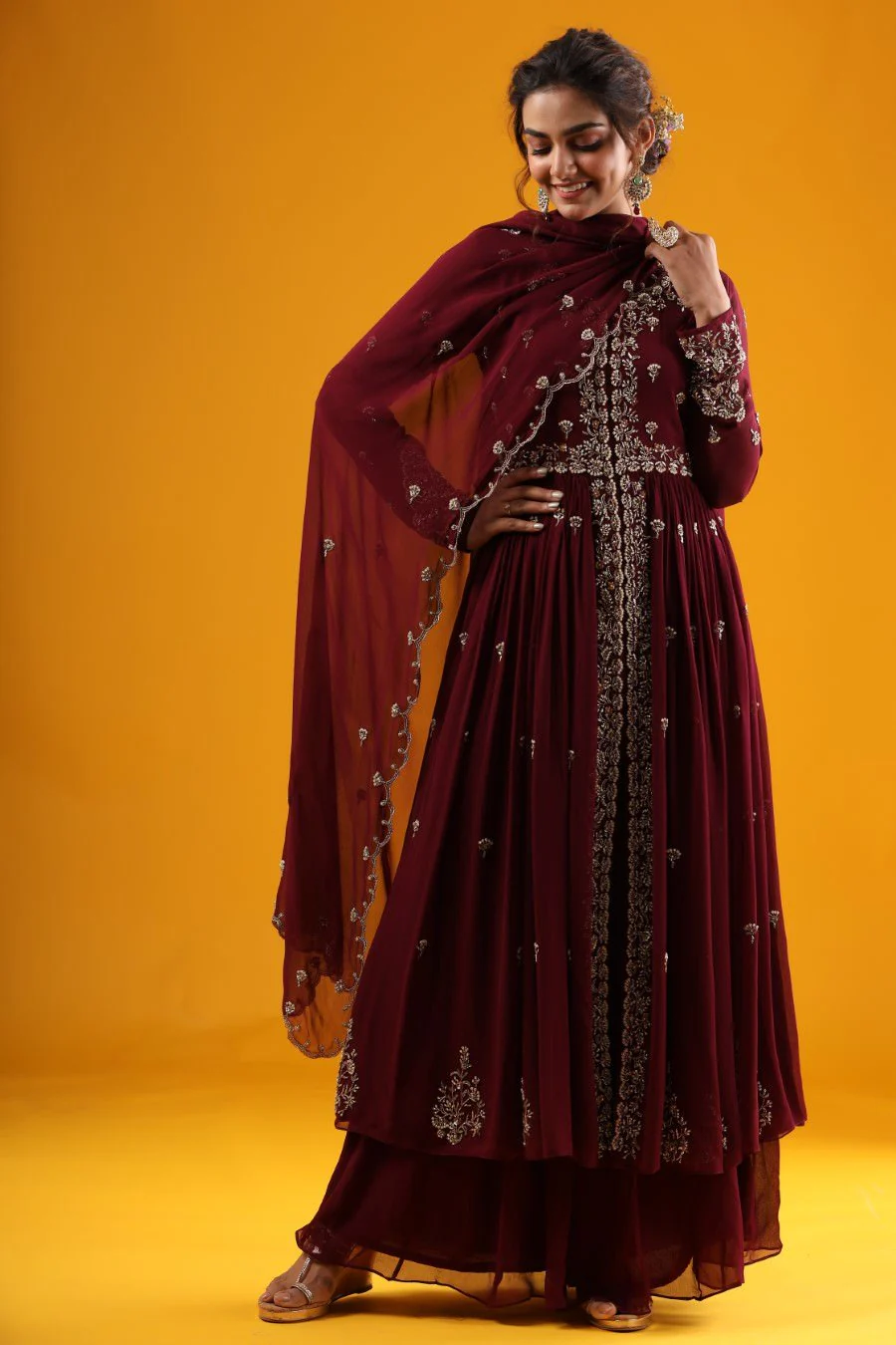 Wine Hand Embroidered Kurta & Palazzo With Dupatta - Image 5