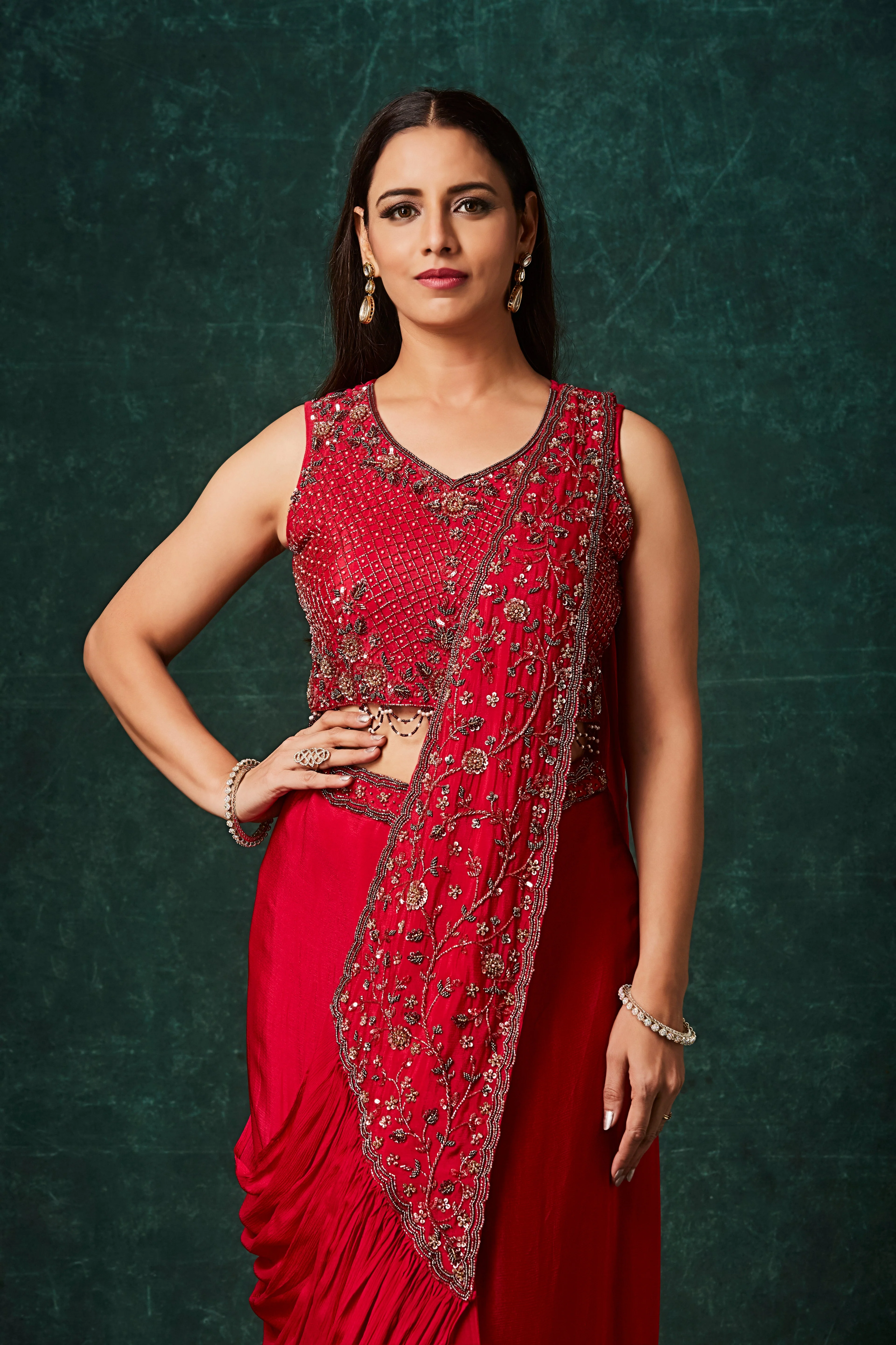 Rich Red Embellished Crepe Silk Drape Saree - Image 2